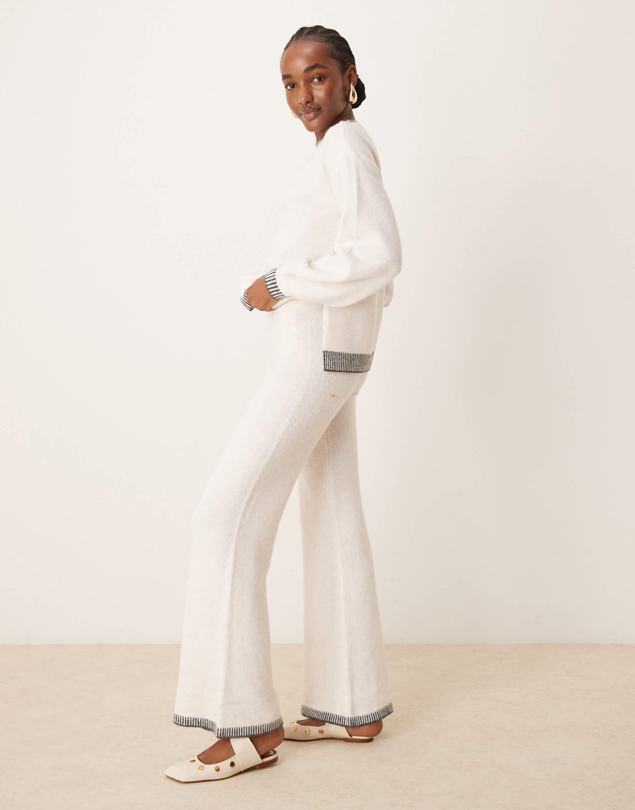 Vila knitted wide leg trouser co-ord with contrast stitch in cream