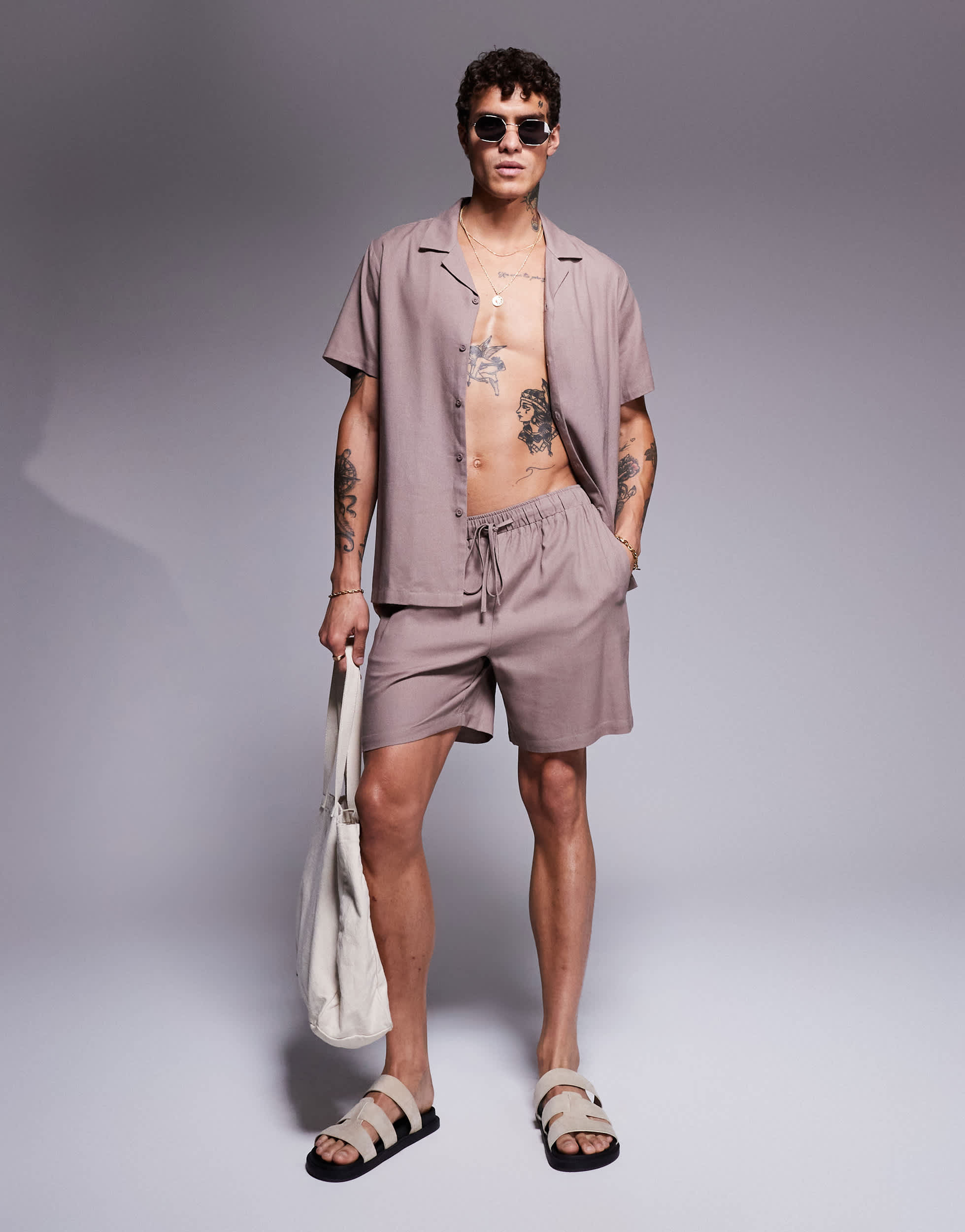 Southbeach linen blend beach short co-ord in taupe