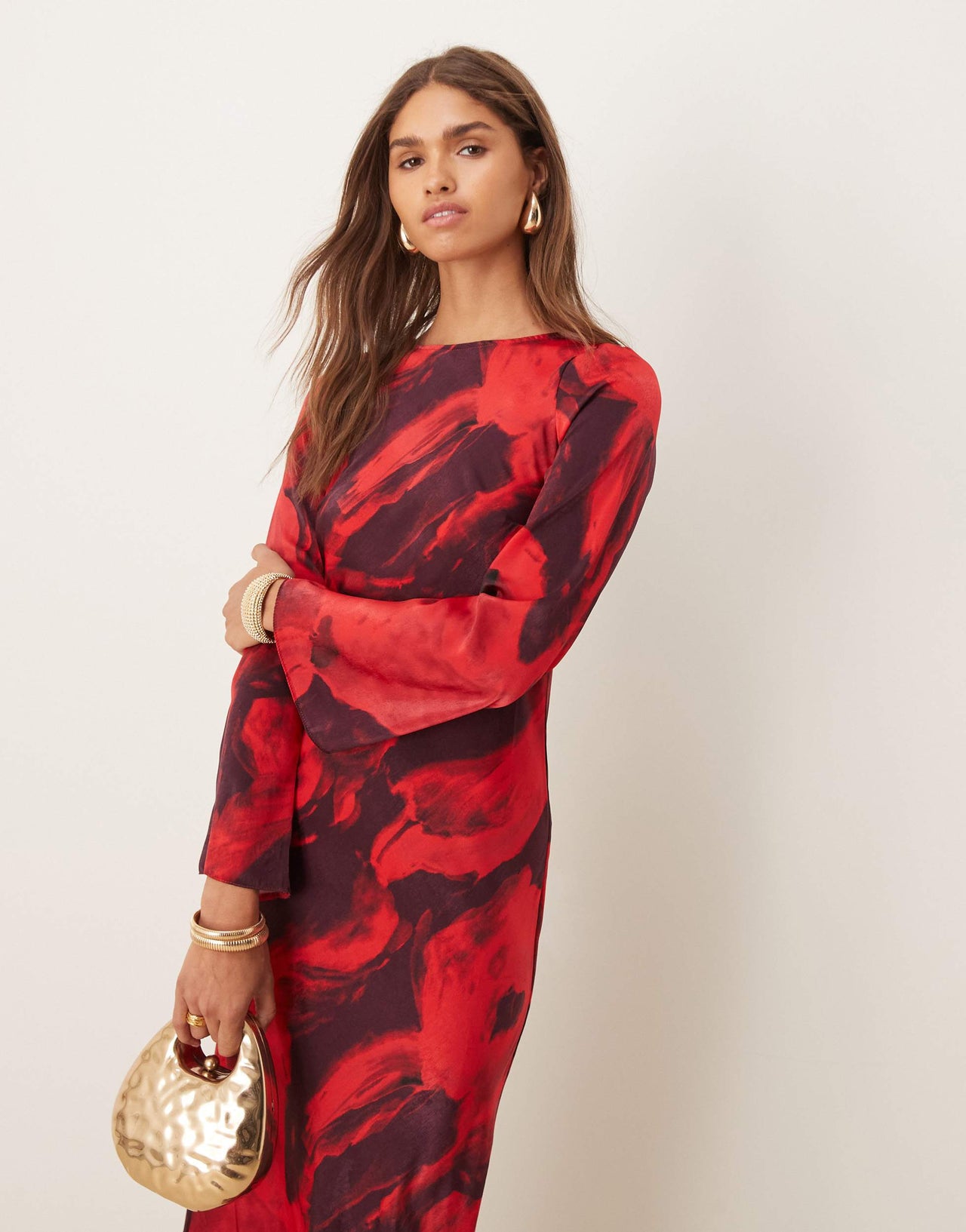 New Look flute sleeve maxi dress in red print