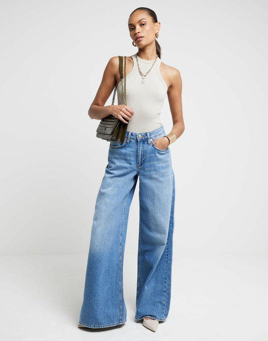 River Island Mid rise elastic back palazzo jeans in denim - medium