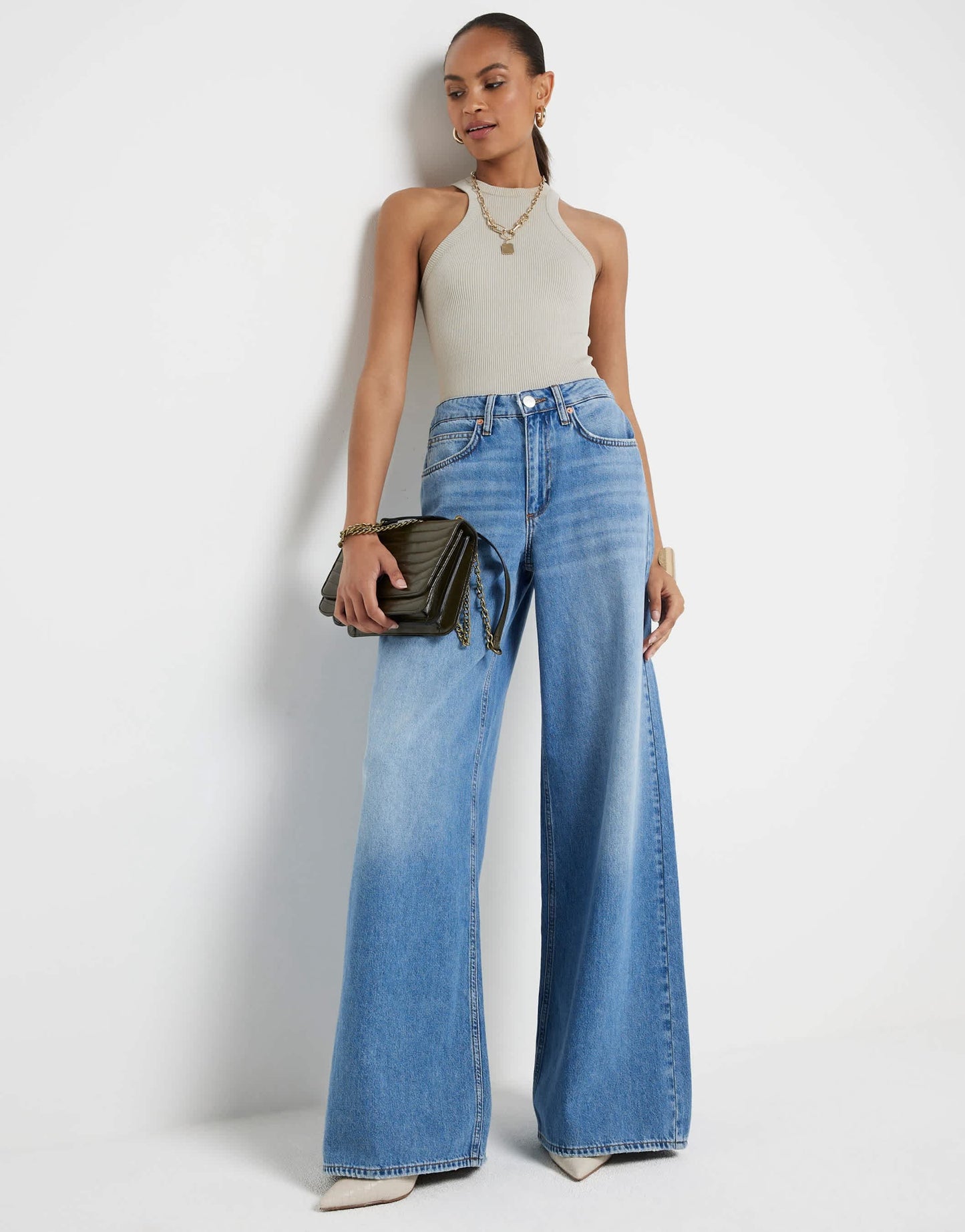 River Island Mid rise elastic back palazzo jeans in denim - medium