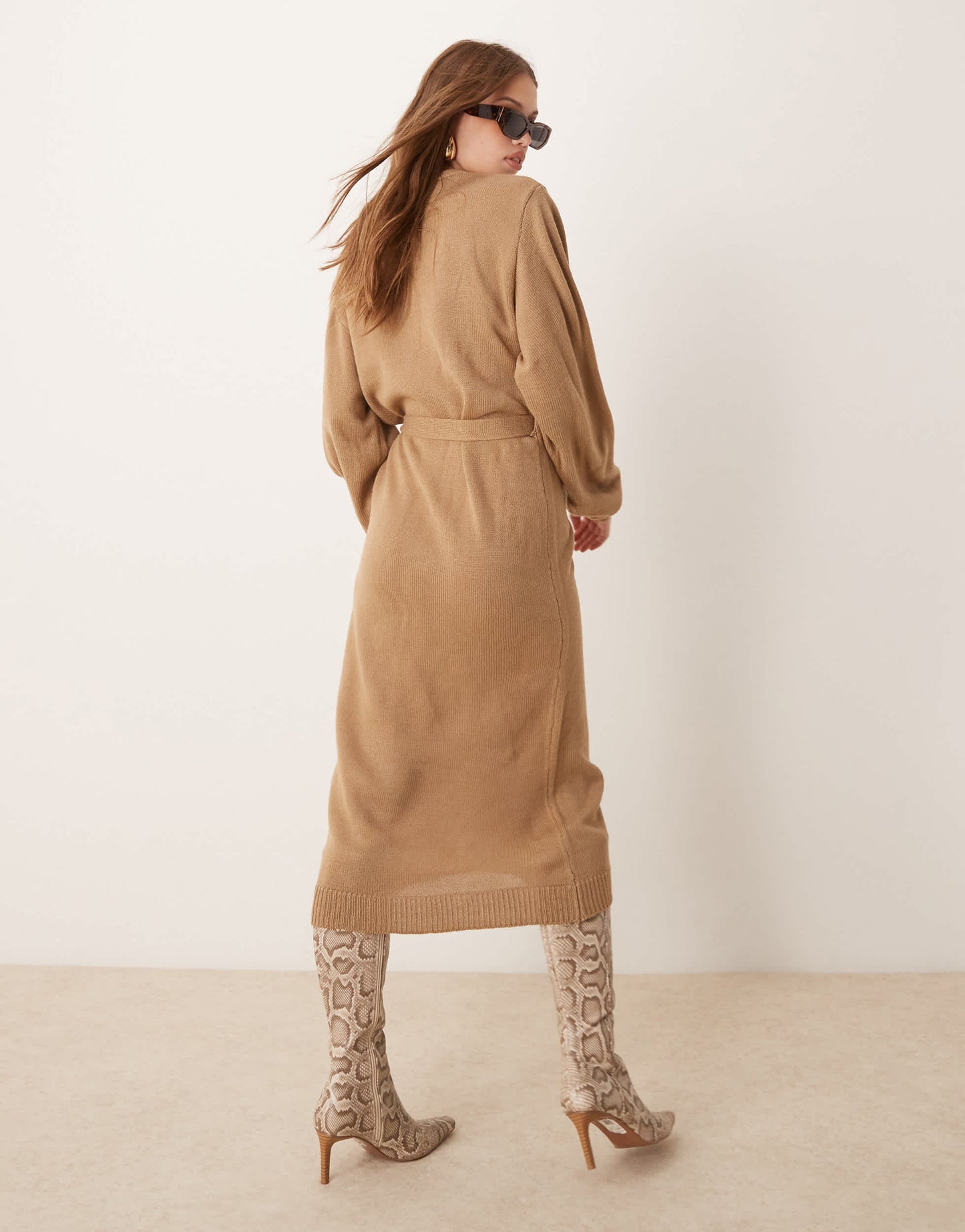 Pretty Lavish Beau wrap knit midaxi dress in soft brown