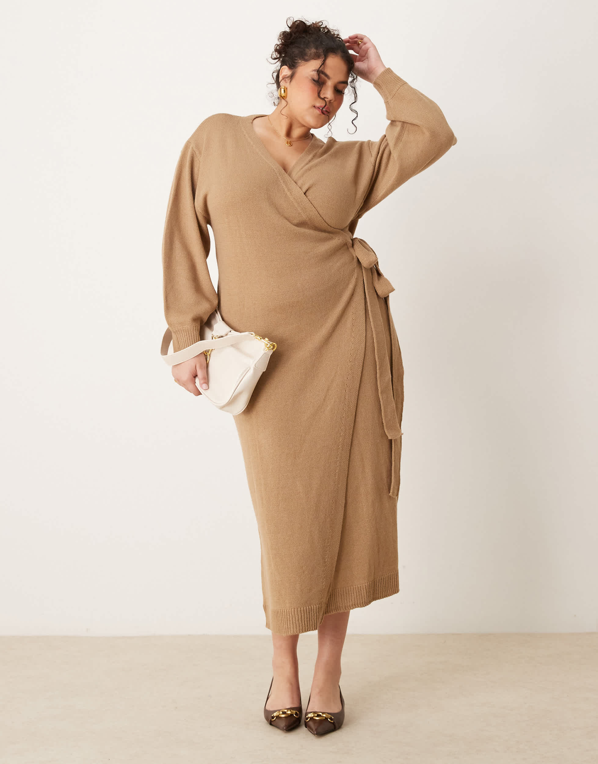 Pretty Lavish Curve Beau wrap knit midaxi dress in soft brown