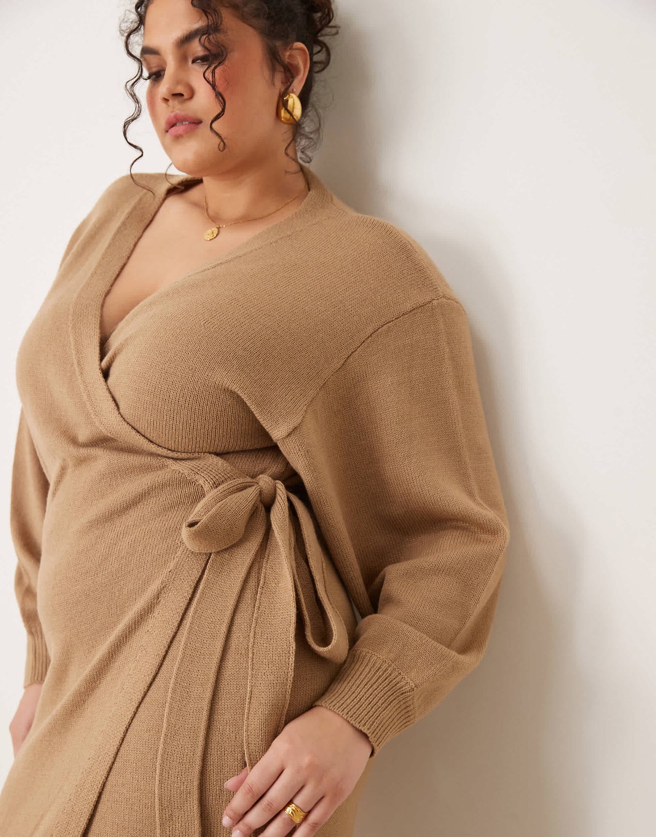 Pretty Lavish Curve Beau wrap knit midaxi dress in soft brown