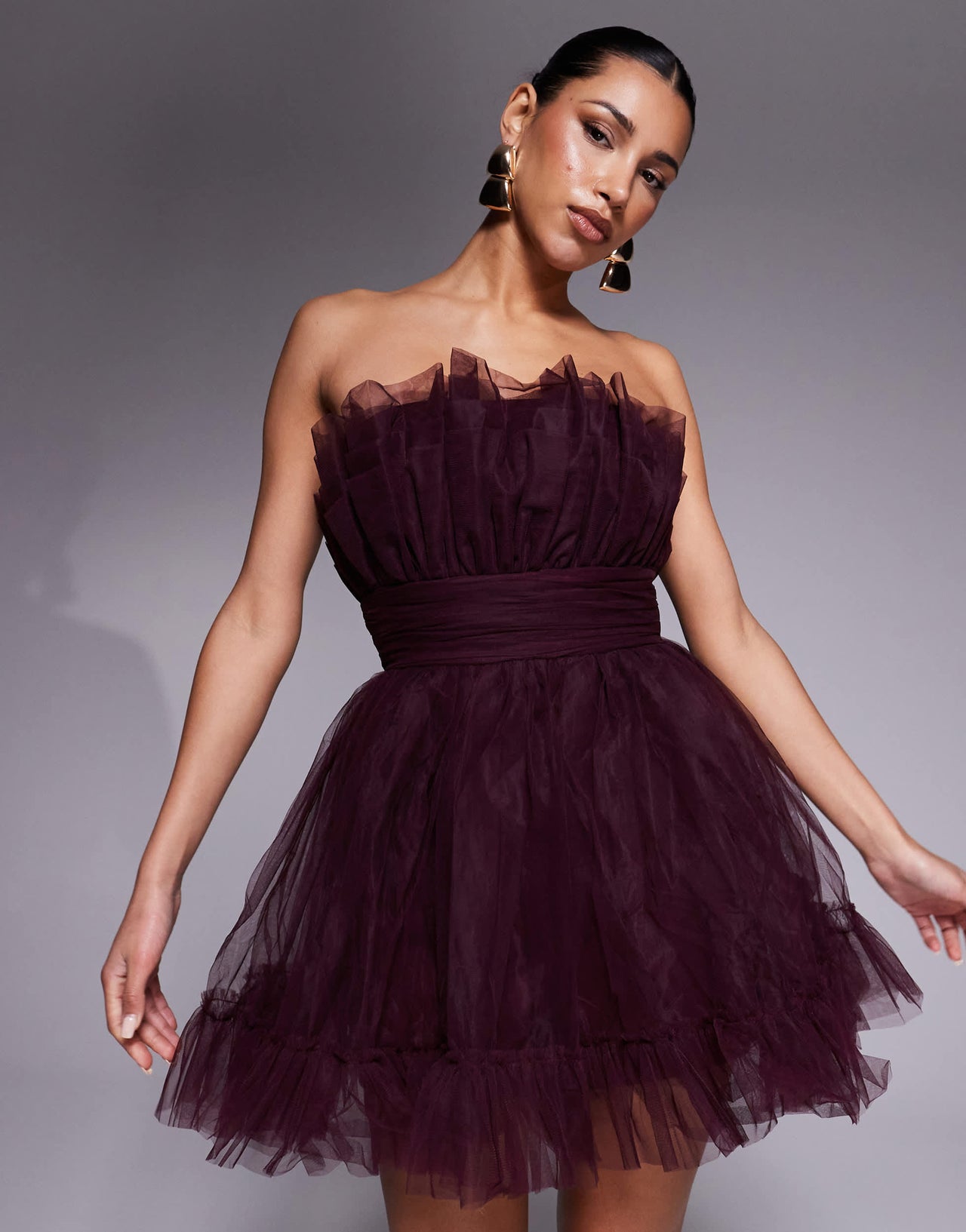 Lace & Beads bandeau structured mini tulle dress in plum