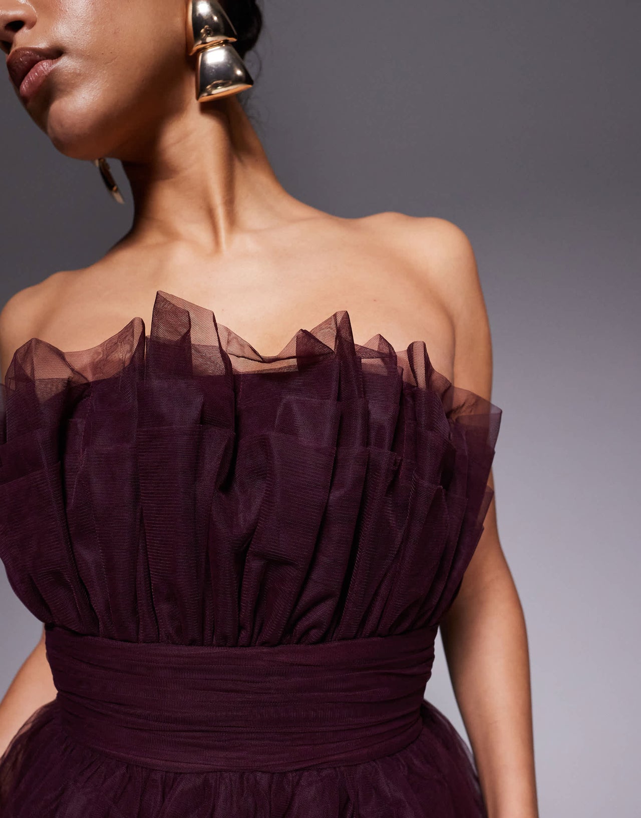 Lace & Beads bandeau structured mini tulle dress in plum