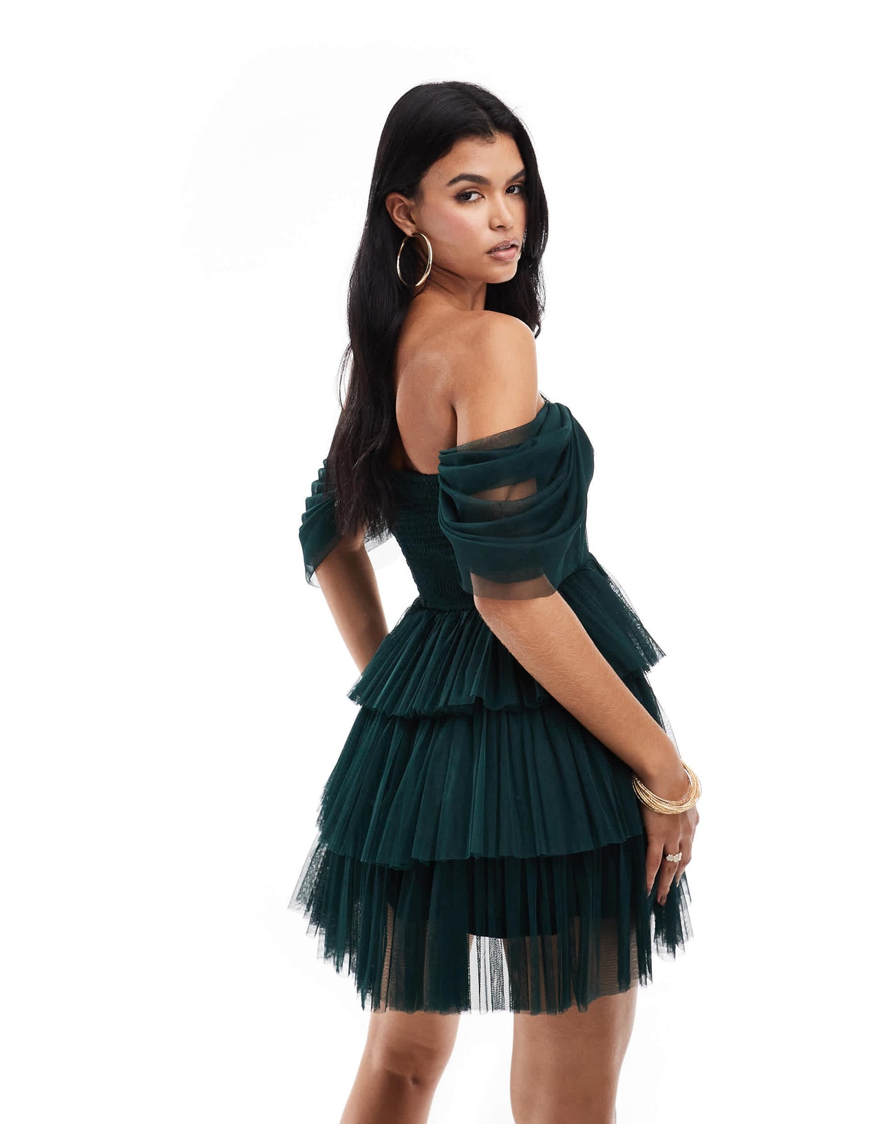 Lace & Beads off shoulder corset tulle mini dress in emerald green