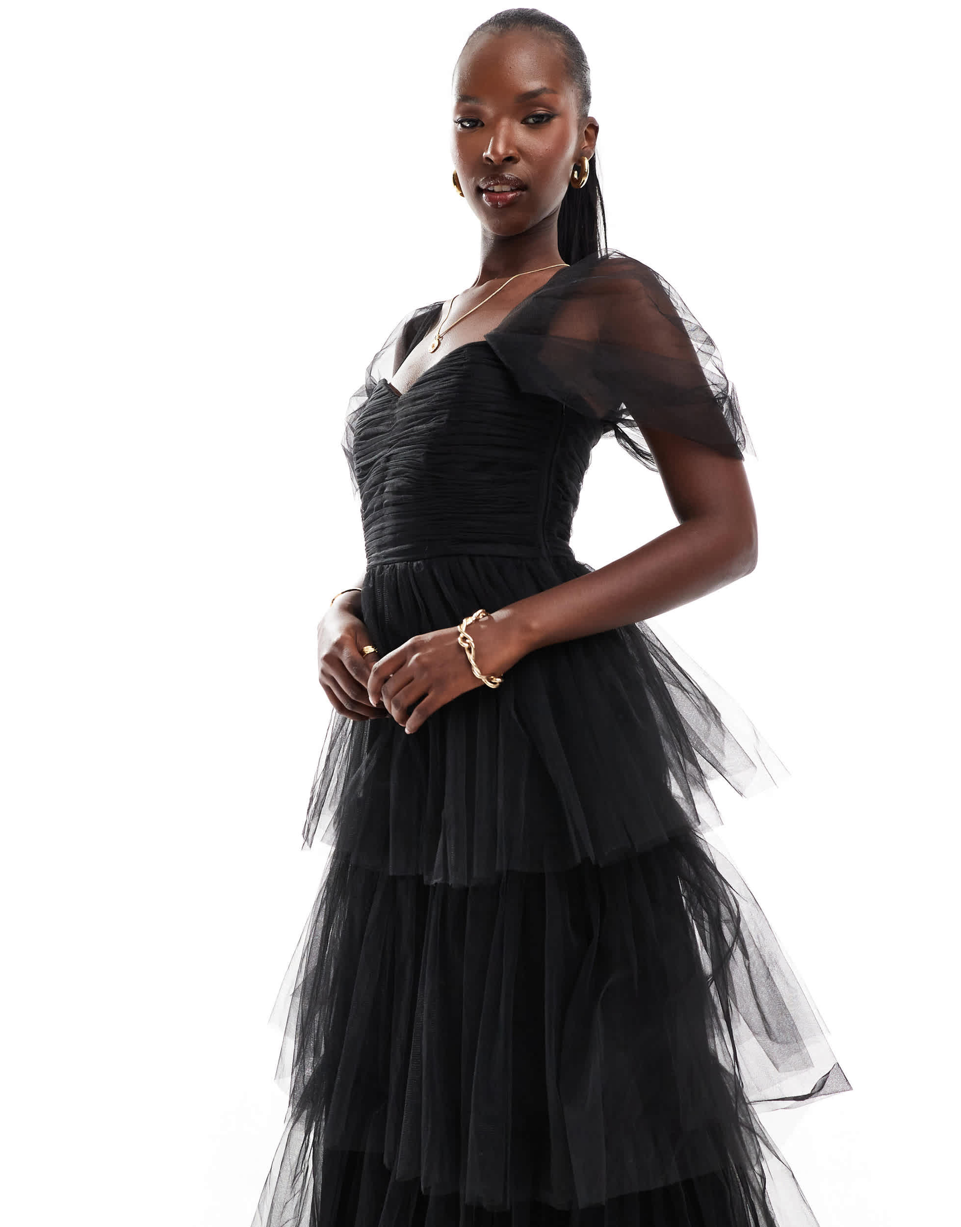 Lace & Beads ruched tulle tiered midi dress in black