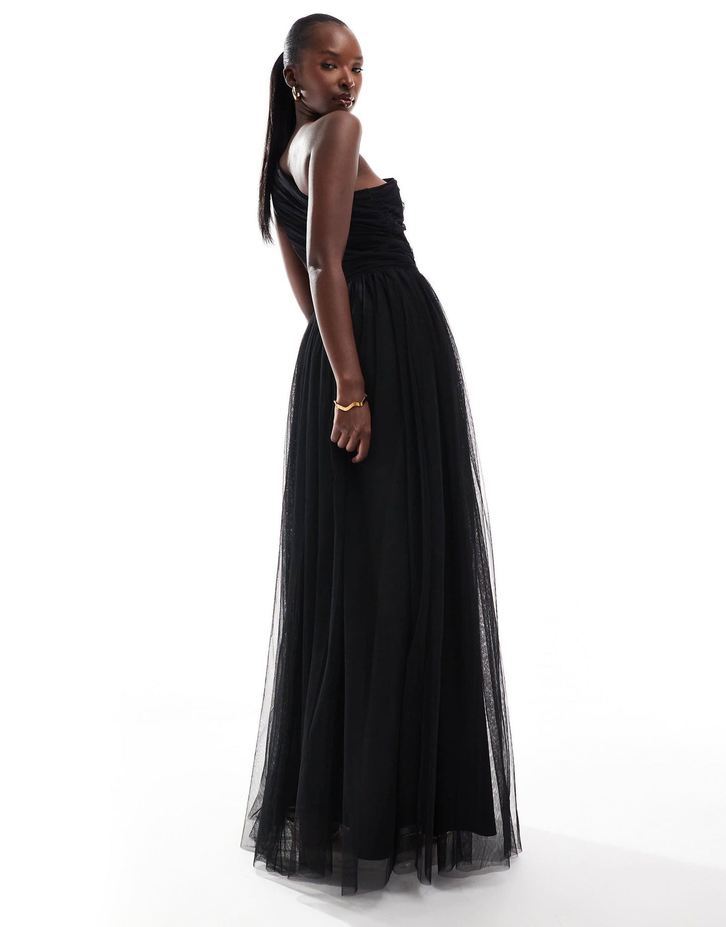 Lace & Beads Bridesmaid one shoulder tulle maxi dress in black