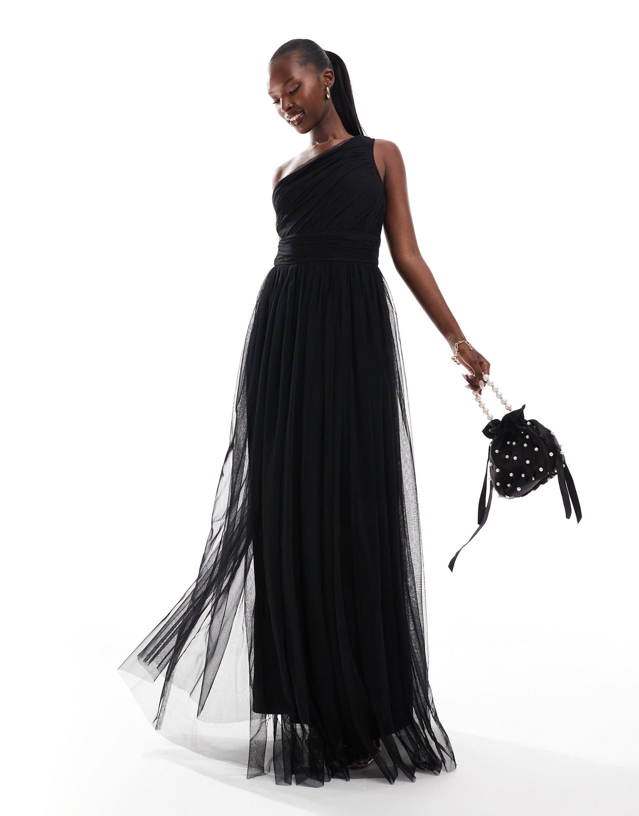 Lace & Beads Bridesmaid one shoulder tulle maxi dress in black