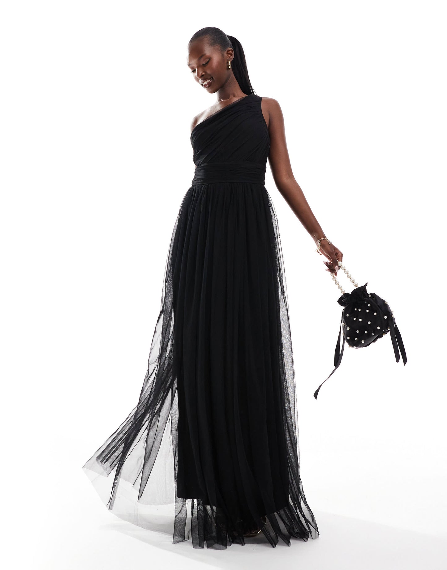 Lace & Beads Bridesmaid one shoulder tulle maxi dress in black