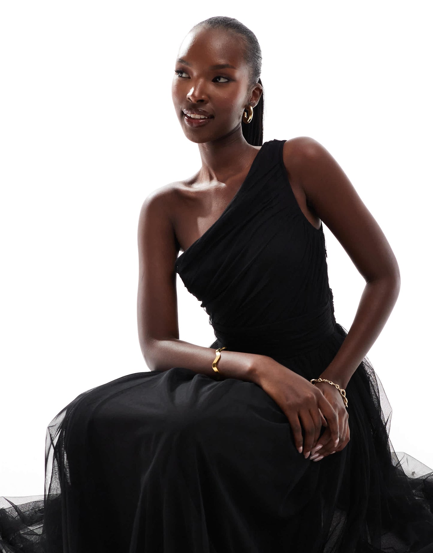 Lace & Beads Bridesmaid one shoulder tulle maxi dress in black