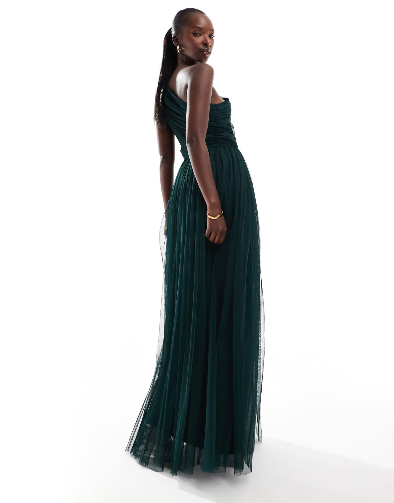 Lace & Beads Bridesmaid one shoulder tulle maxi dress in emerald