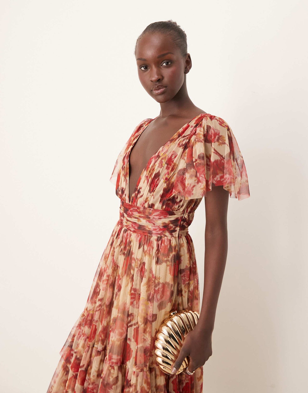 Lace & Beads Bridesmaid Madison v neck tulle midi dress in rose floral