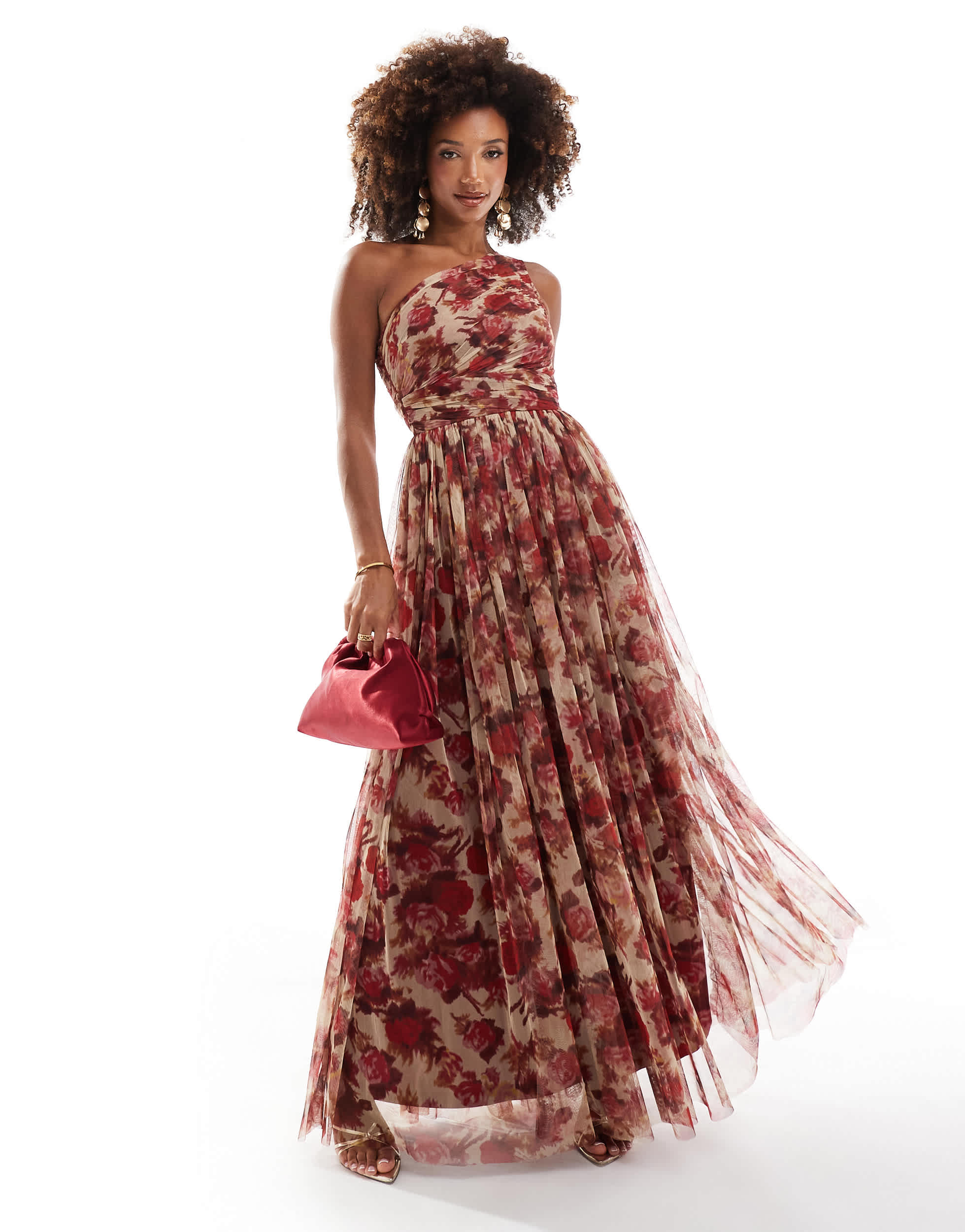 Lace & Beads Bridesmaid one shoulder tulle maxi dress in rose floral
