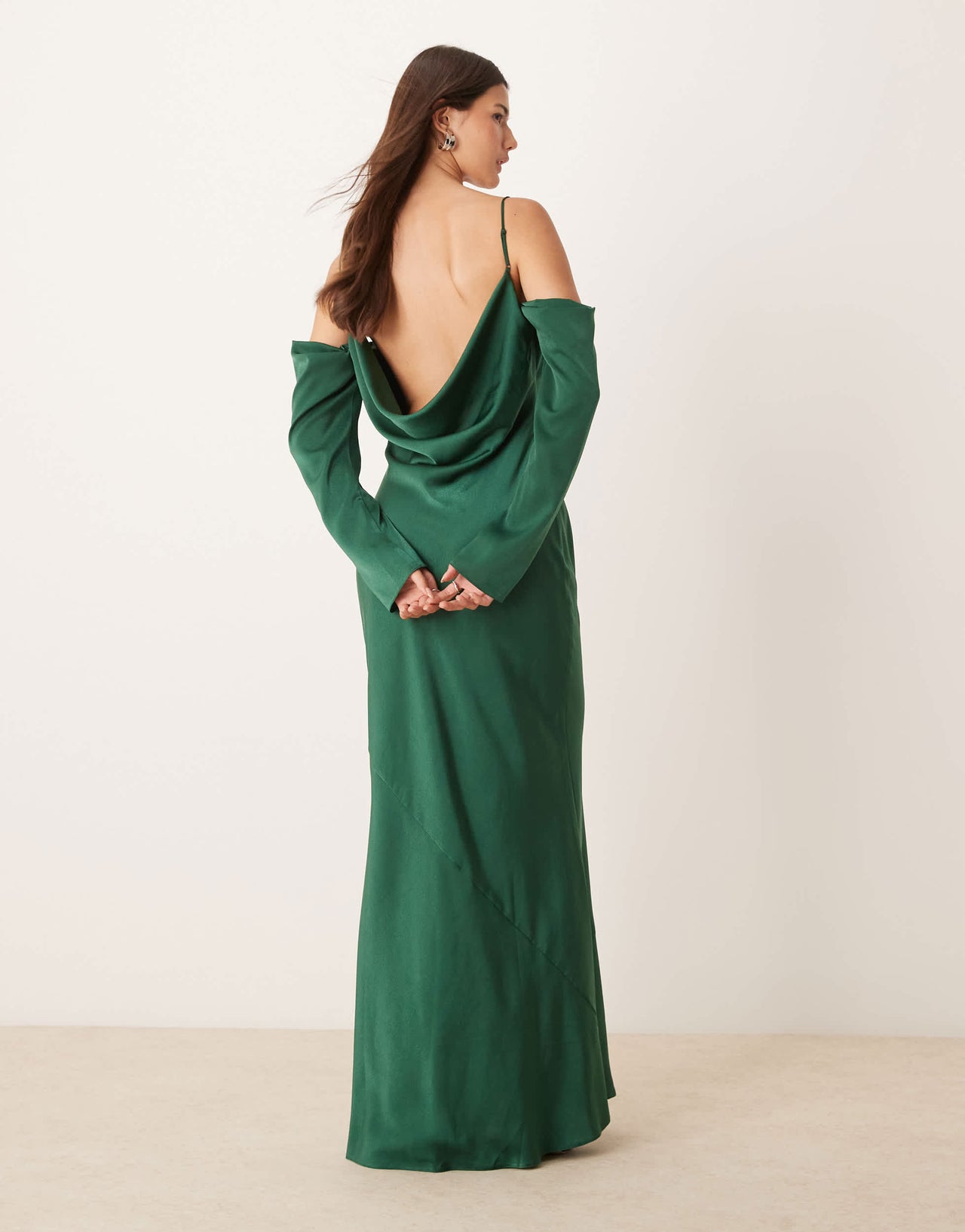 ASOS DESIGN cowl front cold shoulder satin maxi dress in forest green