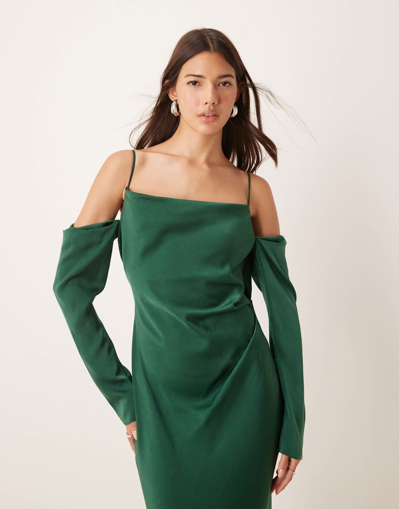 ASOS DESIGN cowl front cold shoulder satin maxi dress in forest green