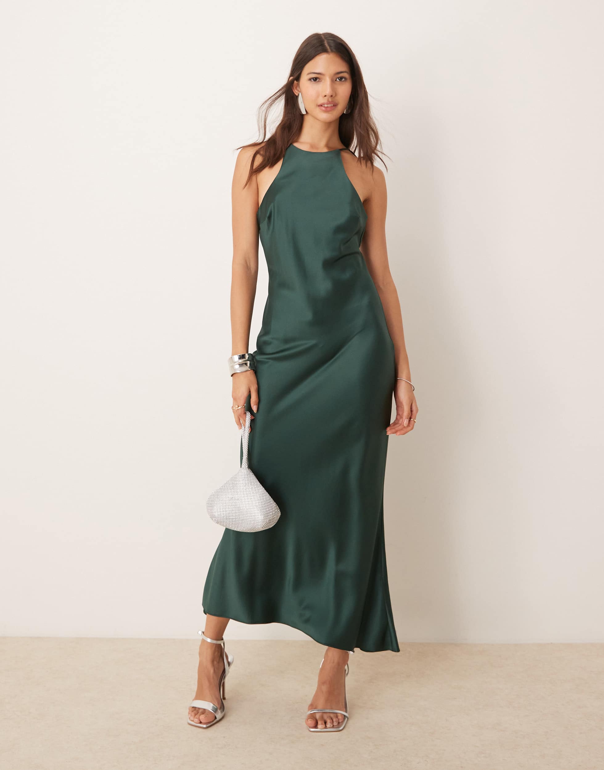 ASOS DESIGN satin racer bias maxi dress in deep green