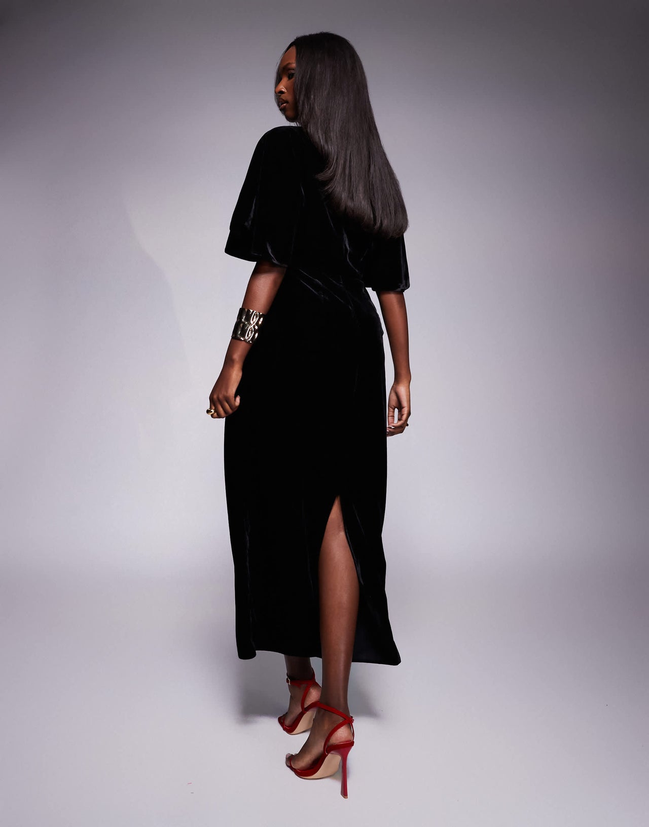 ASOS DESIGN plunge front velvet flutter sleeve midaxi dress in black