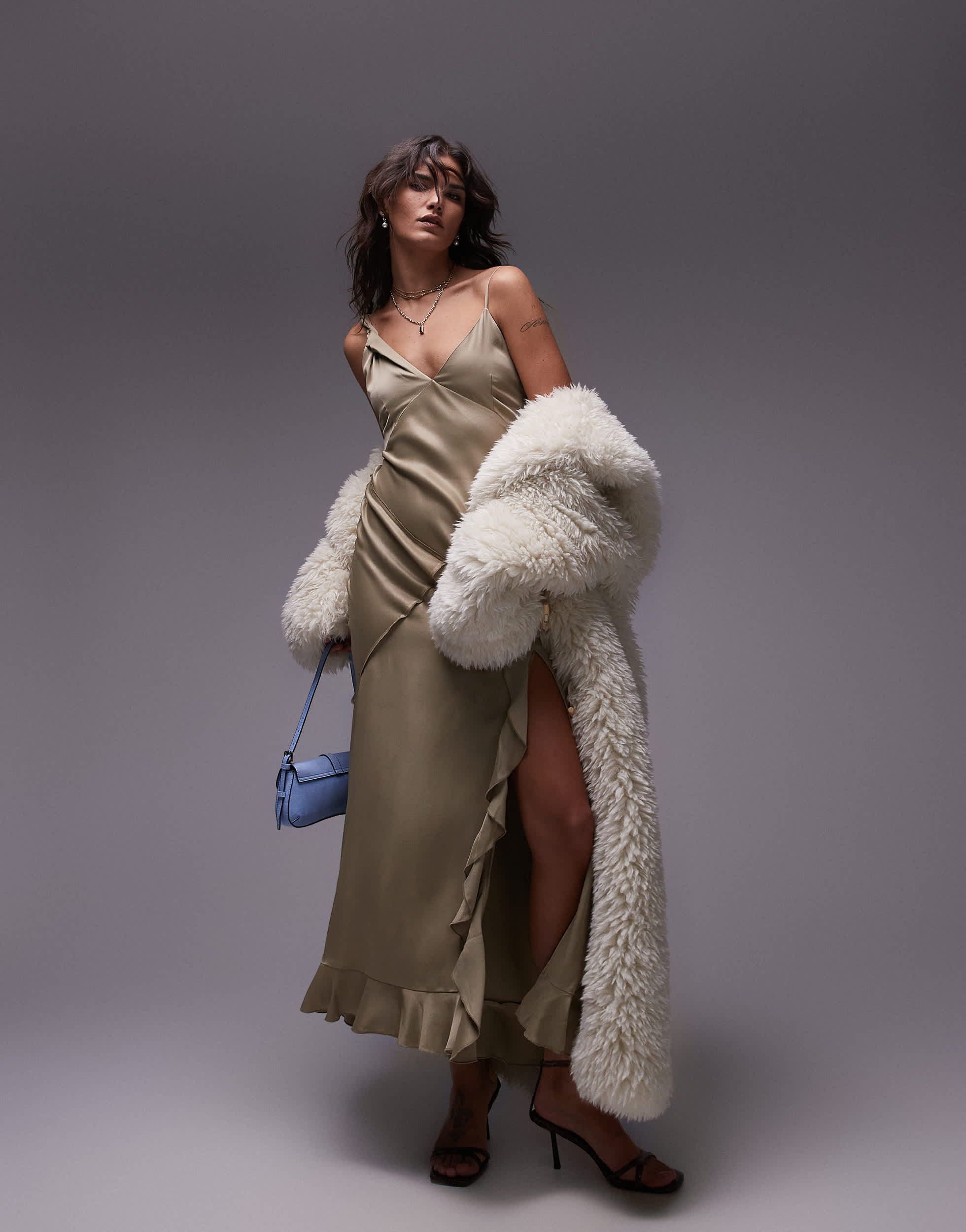 Topshop twist shoulder exposed seam midi slip dress in soft gold satin