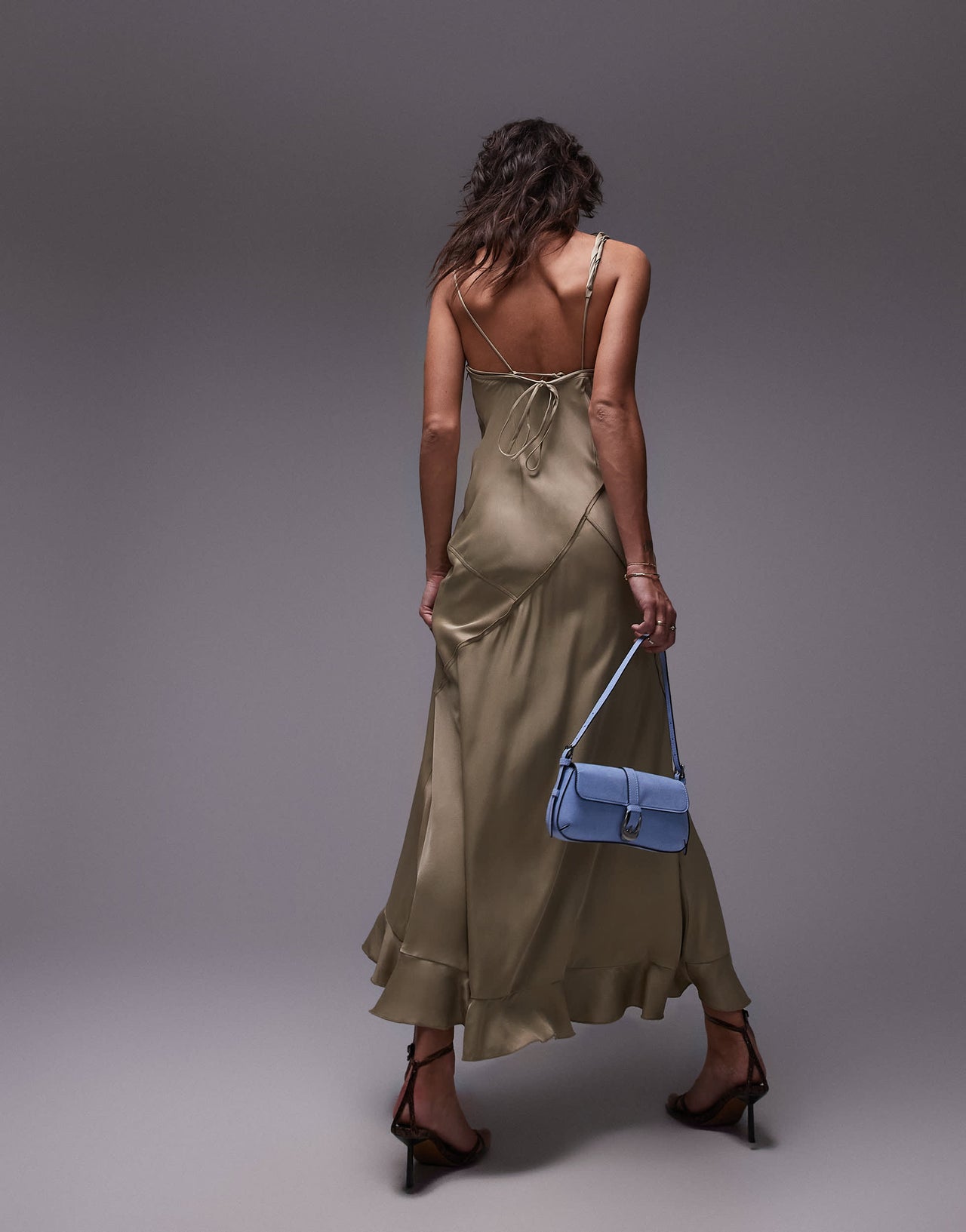 Topshop twist shoulder exposed seam midi slip dress in soft gold satin