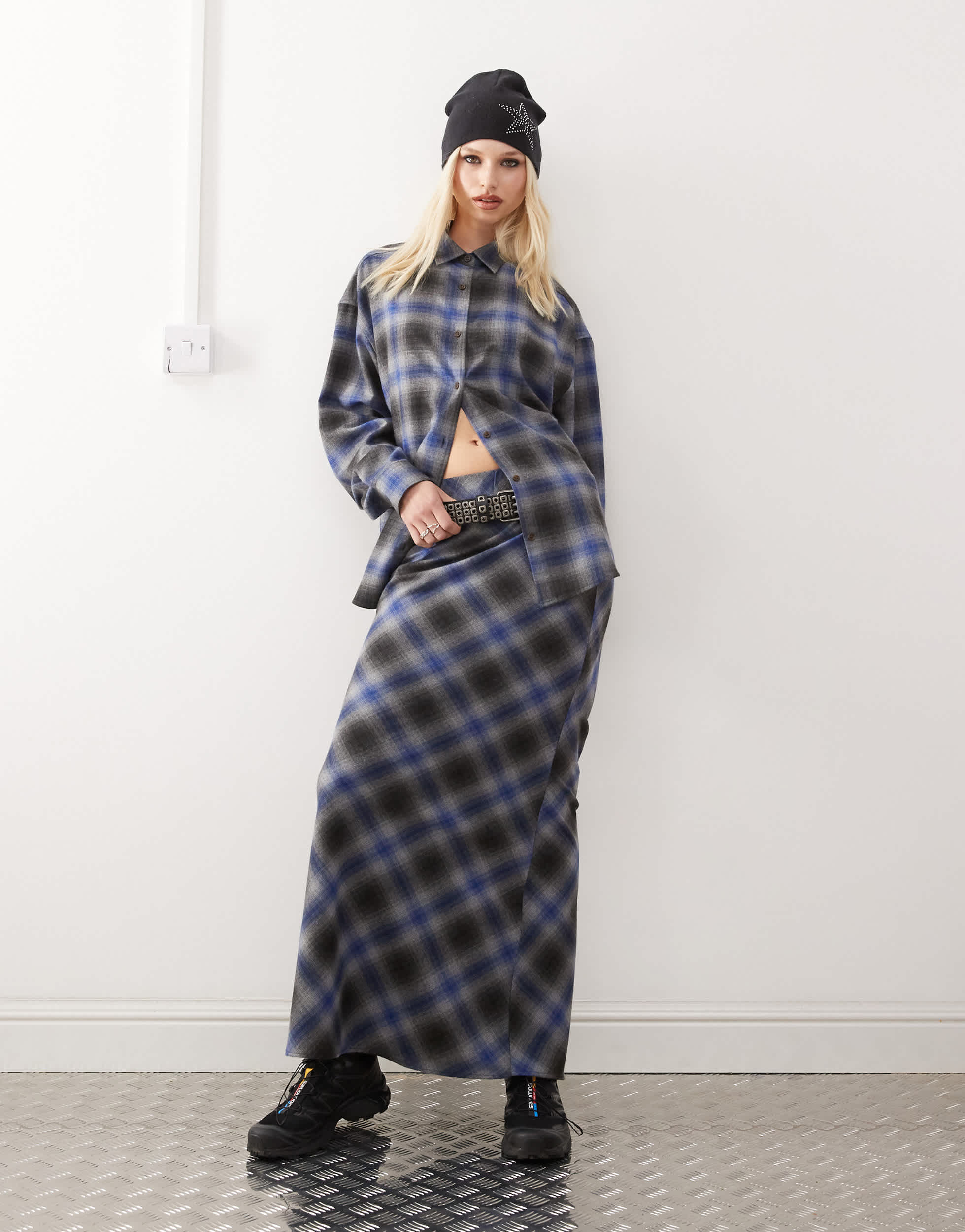 COLLUSION slip maxi skirt in grey and blue check