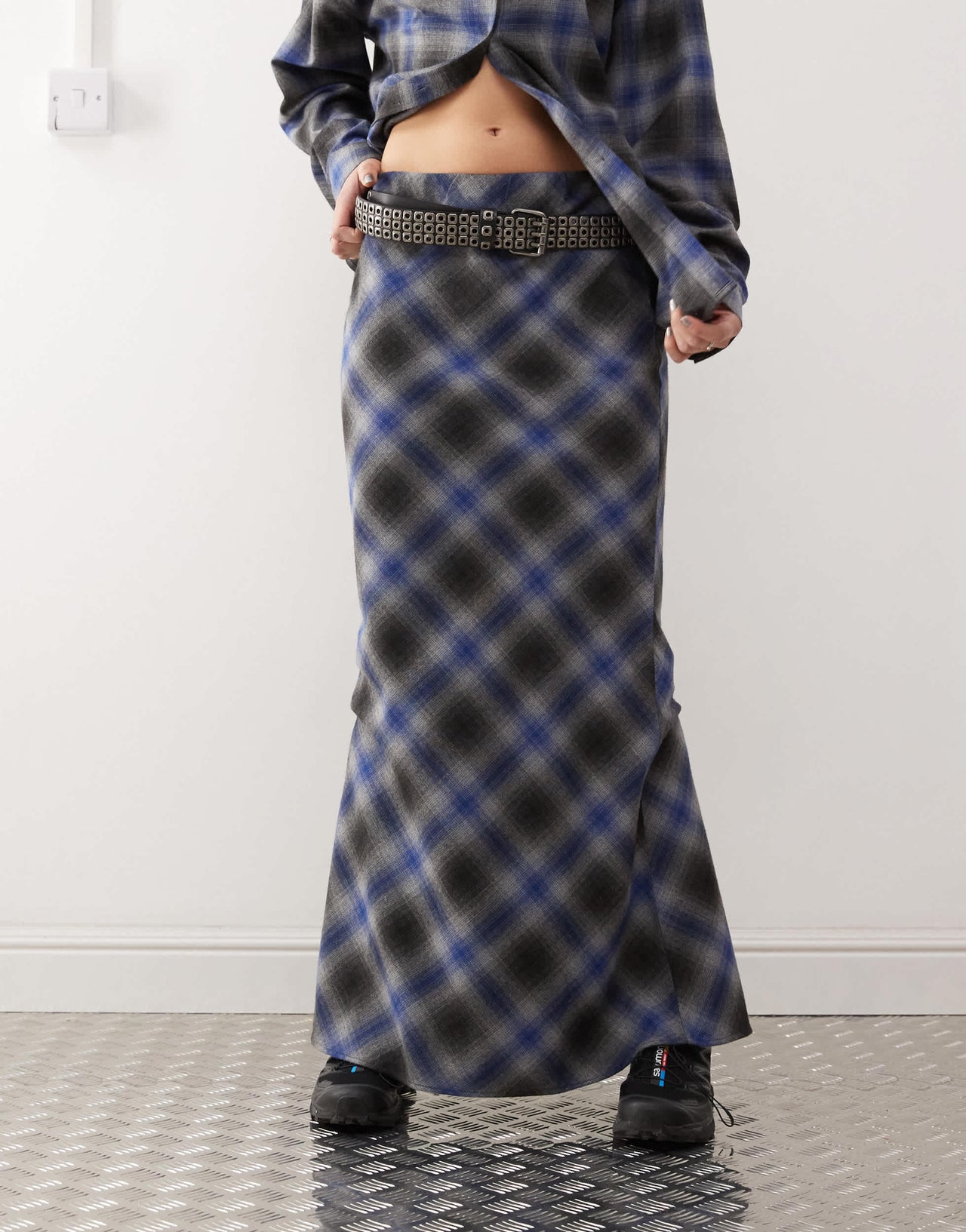 COLLUSION slip maxi skirt in grey and blue check