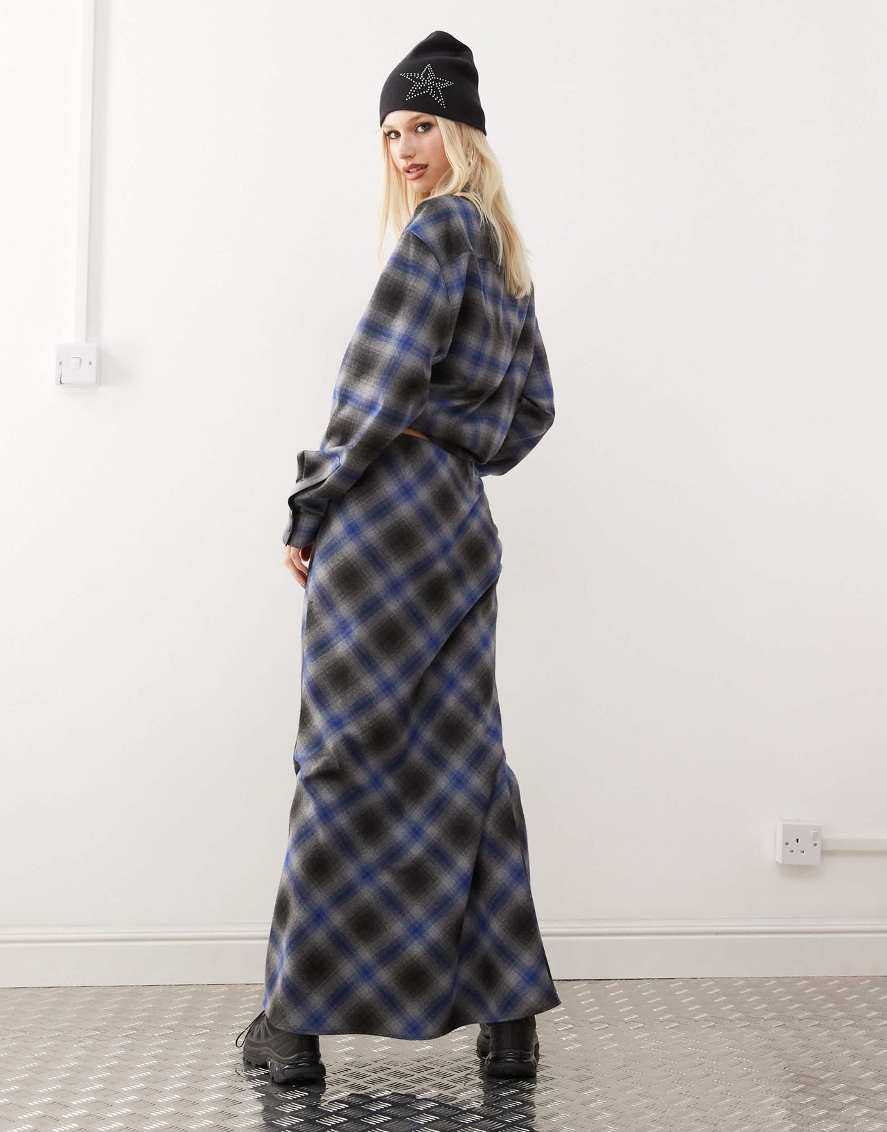 COLLUSION slip maxi skirt in grey and blue check