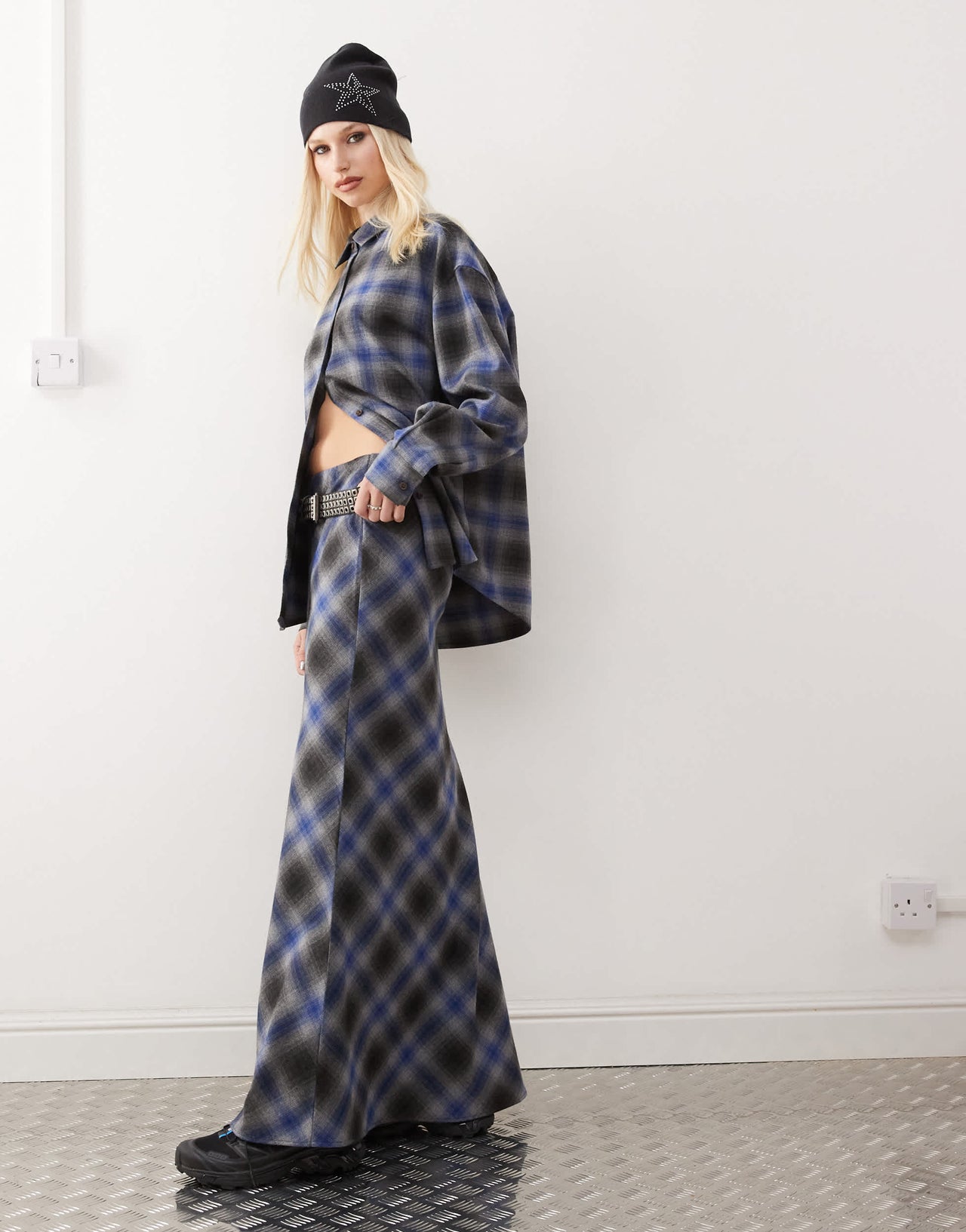 COLLUSION slip maxi skirt in grey and blue check