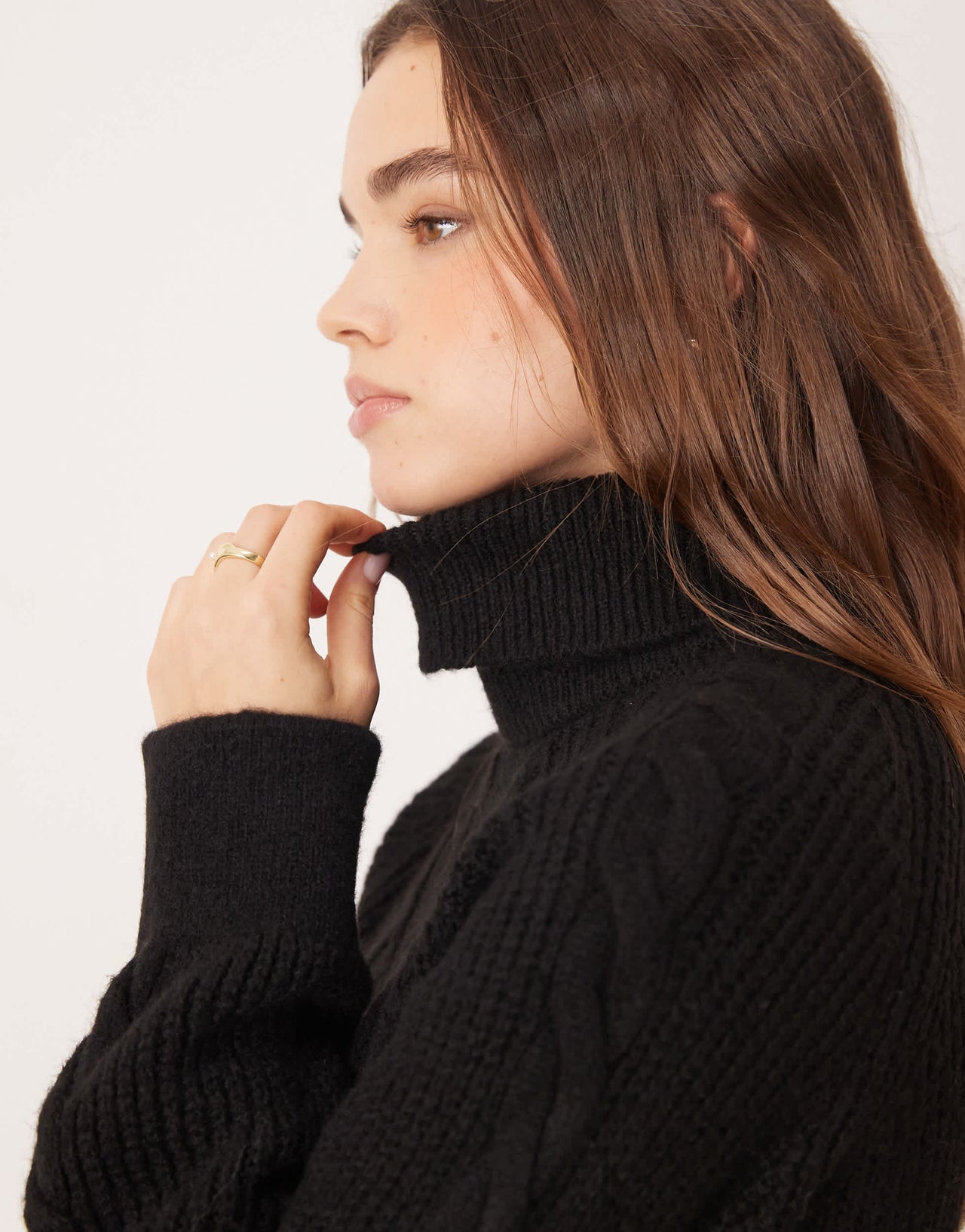 Pretty Lavish roll neck cable knitted mini dress in black