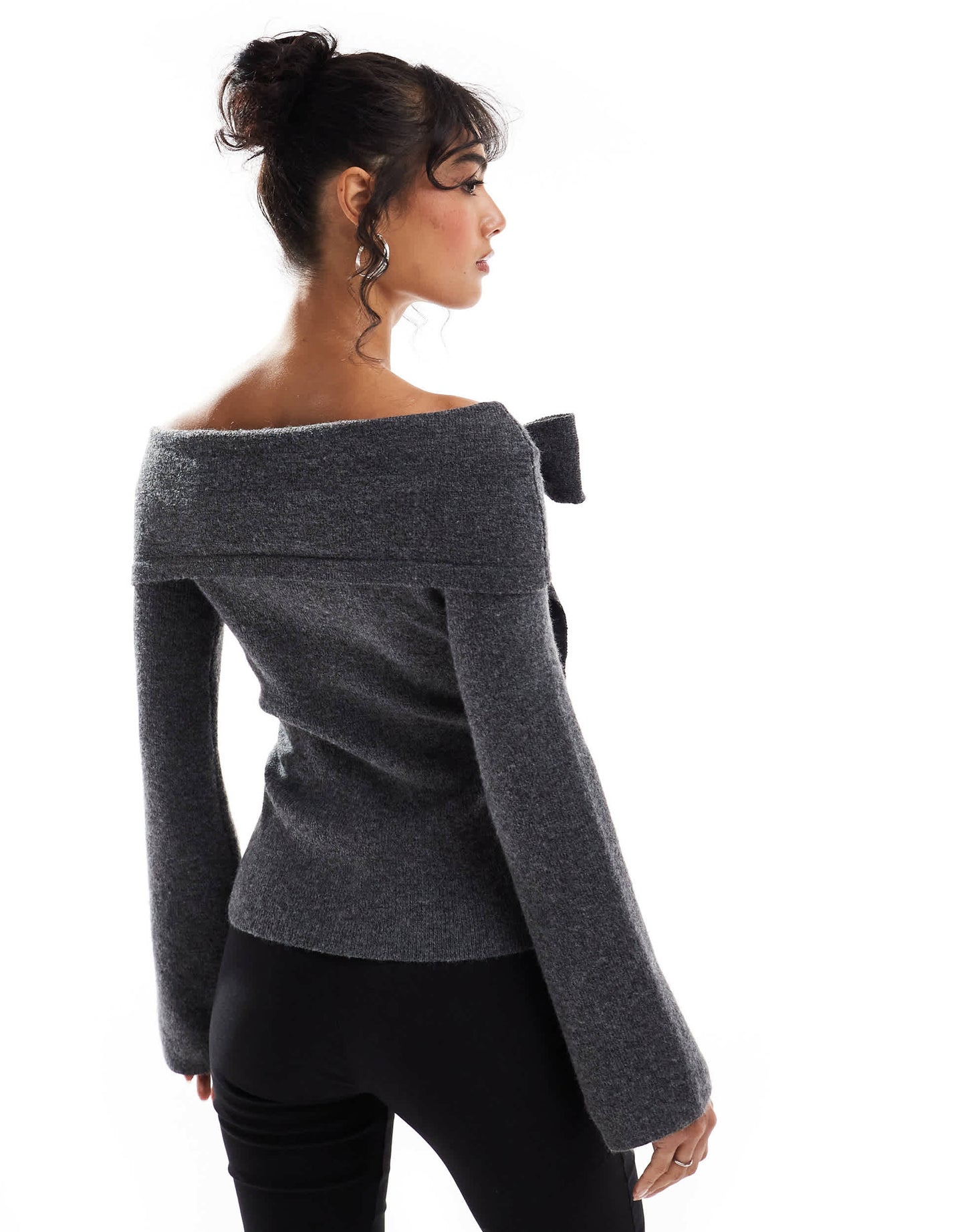 Pretty Lavish bardot bow knitted top in grey