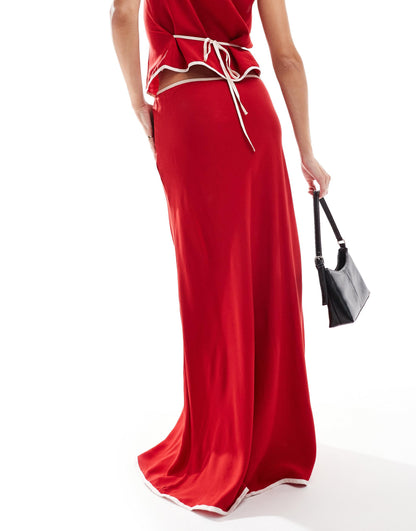 ASOS DESIGN linen blend contrast trim maxi skirt in red