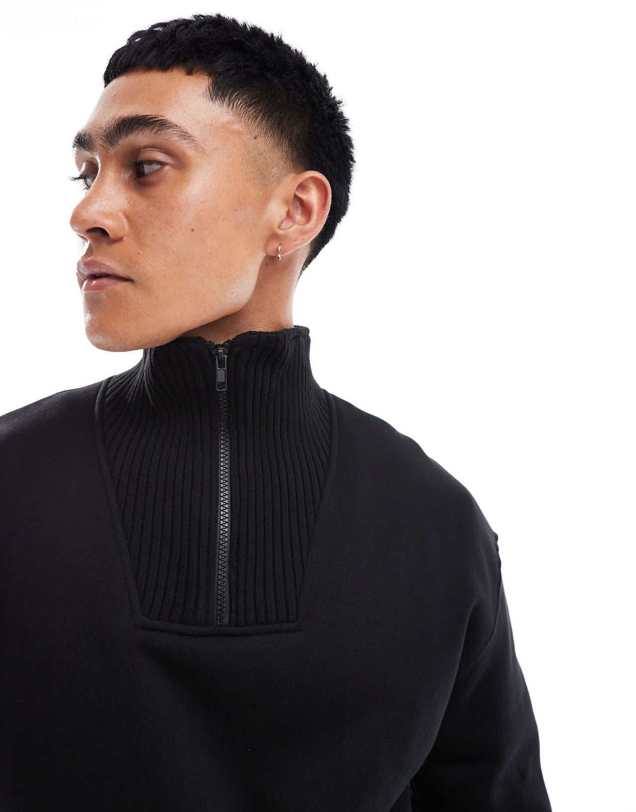 Bershka ribbed neck 1/4 zip jumper in black