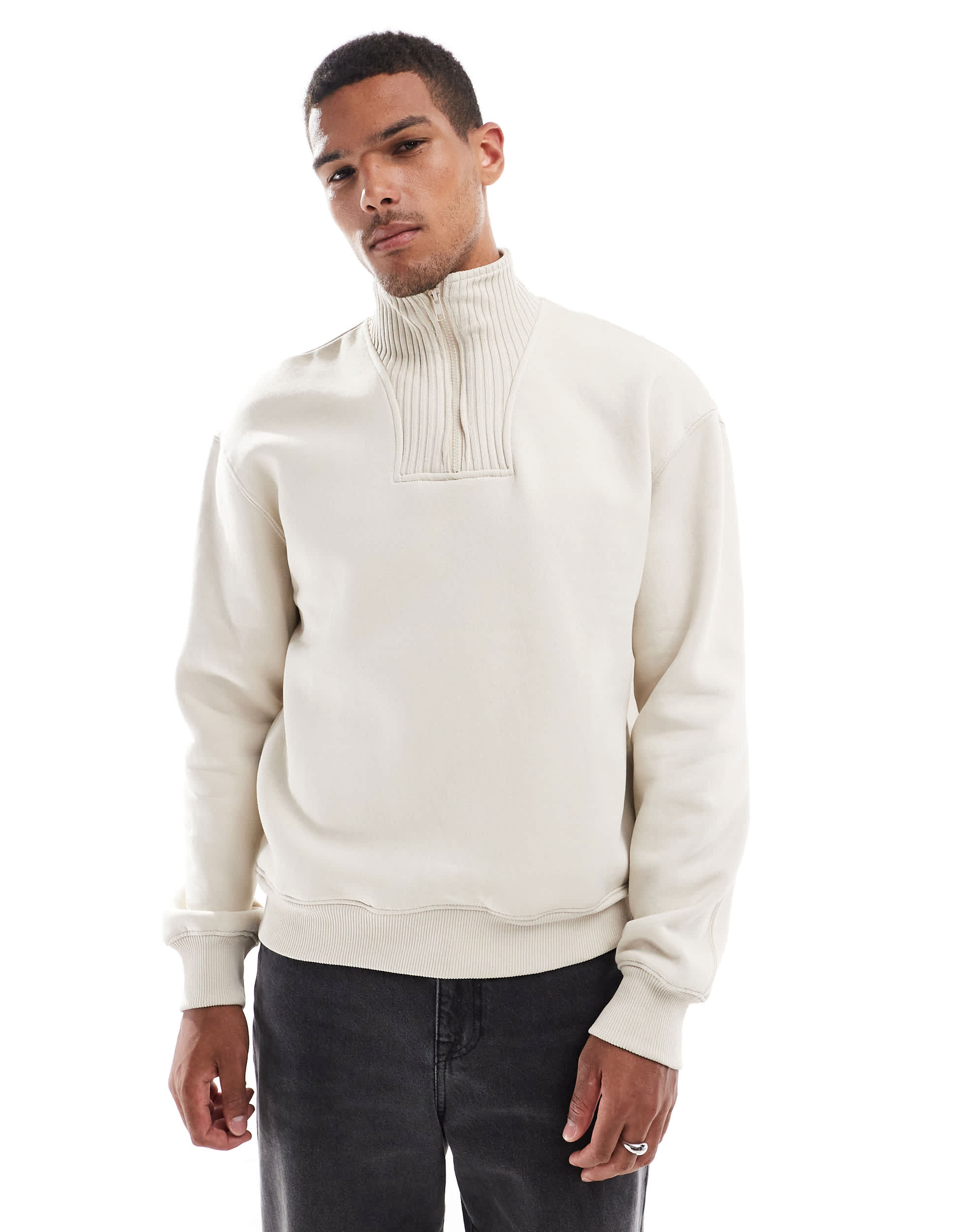 Bershka ribbed neck 1/4 zip jumper in light beige