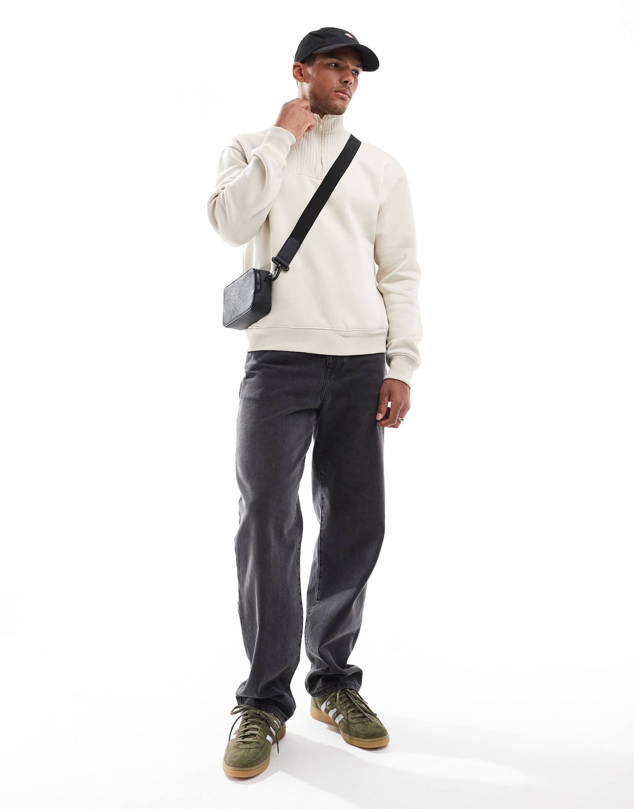 Bershka ribbed neck 1/4 zip jumper in light beige