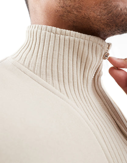 Bershka ribbed neck 1/4 zip jumper in light beige