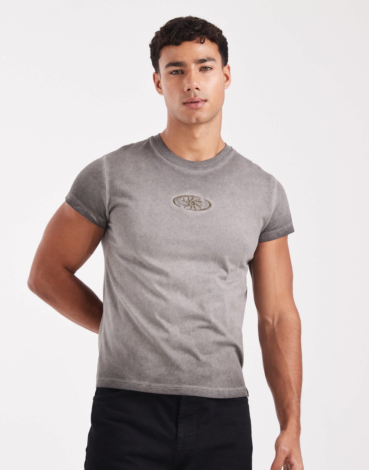 Bershka chest embroidered washed t-shirt in charcoal