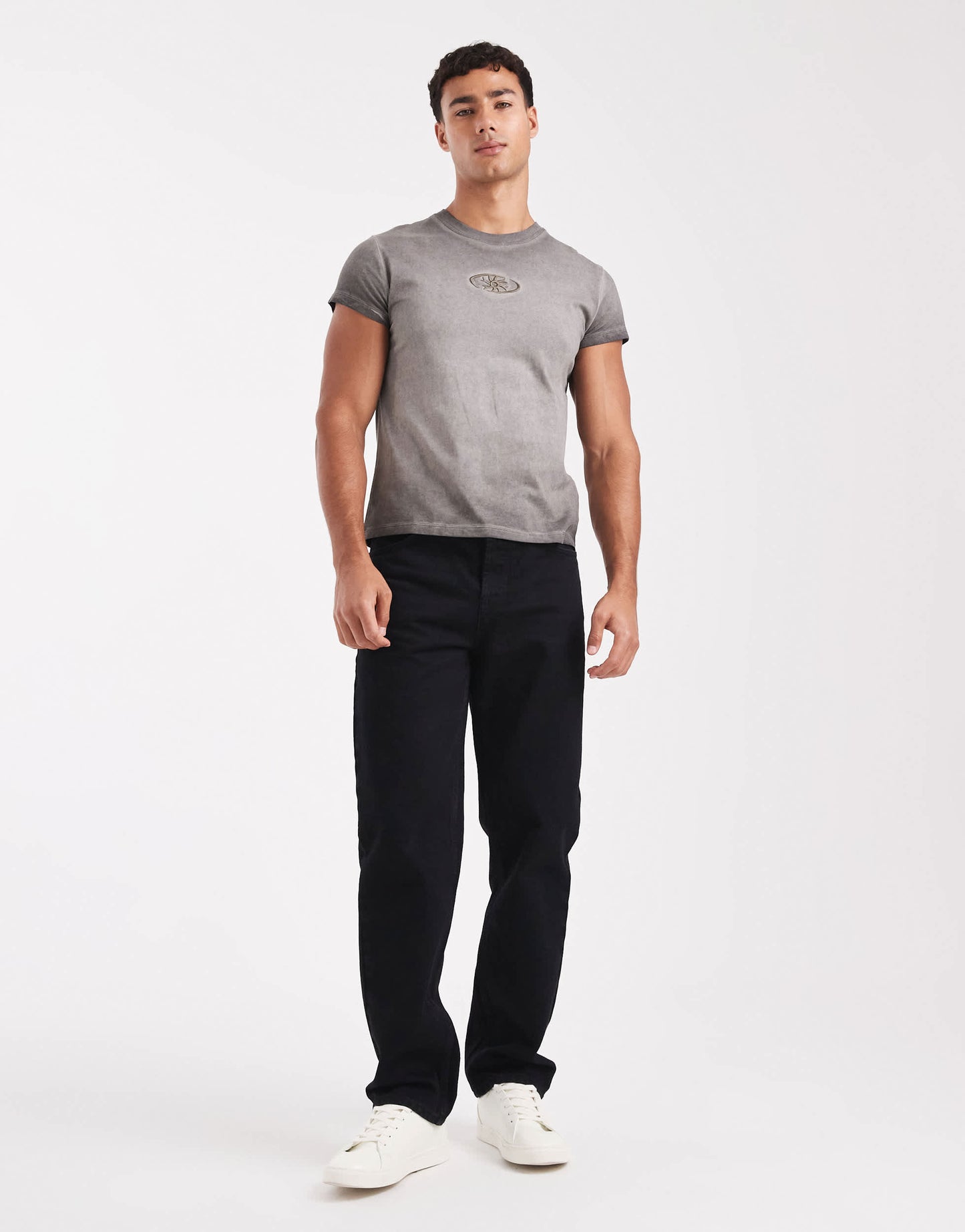 Bershka chest embroidered washed t-shirt in charcoal