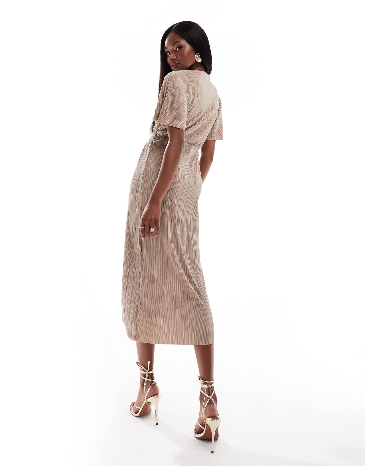 AX Paris plisse short sleeve wrap midi dress with ring detail in taupe