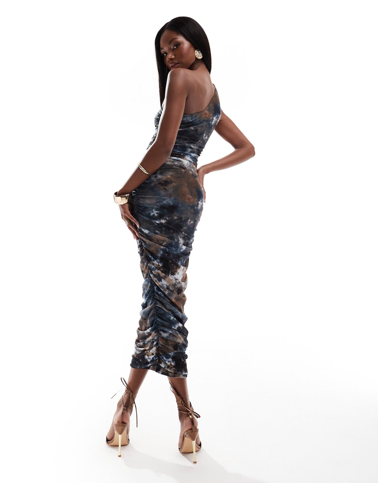 AX Paris mesh ruched one shoulder maxi dress in navy graphic print
