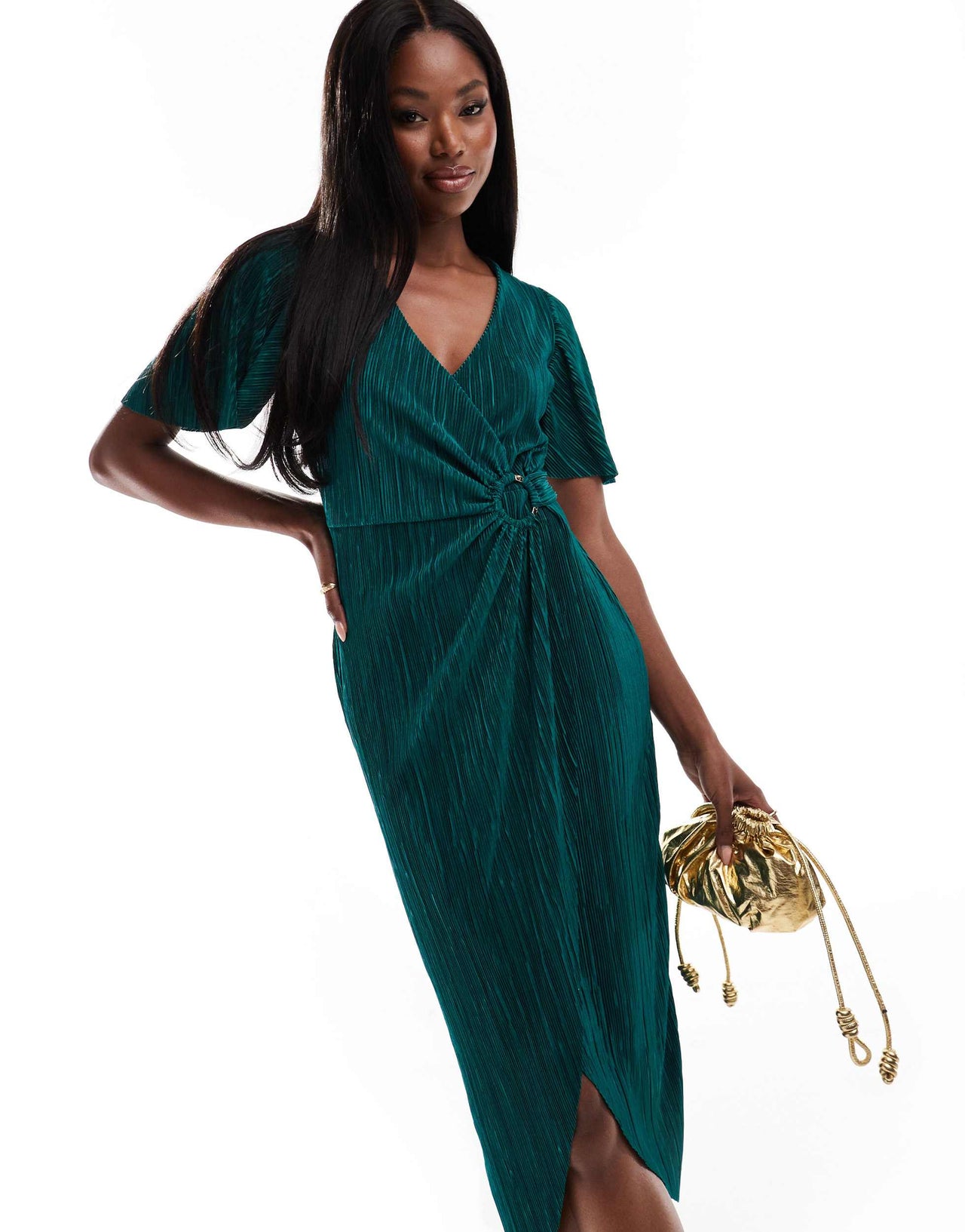 AX Paris plisse short sleeve wrap midi dress with ring detail in emerald green