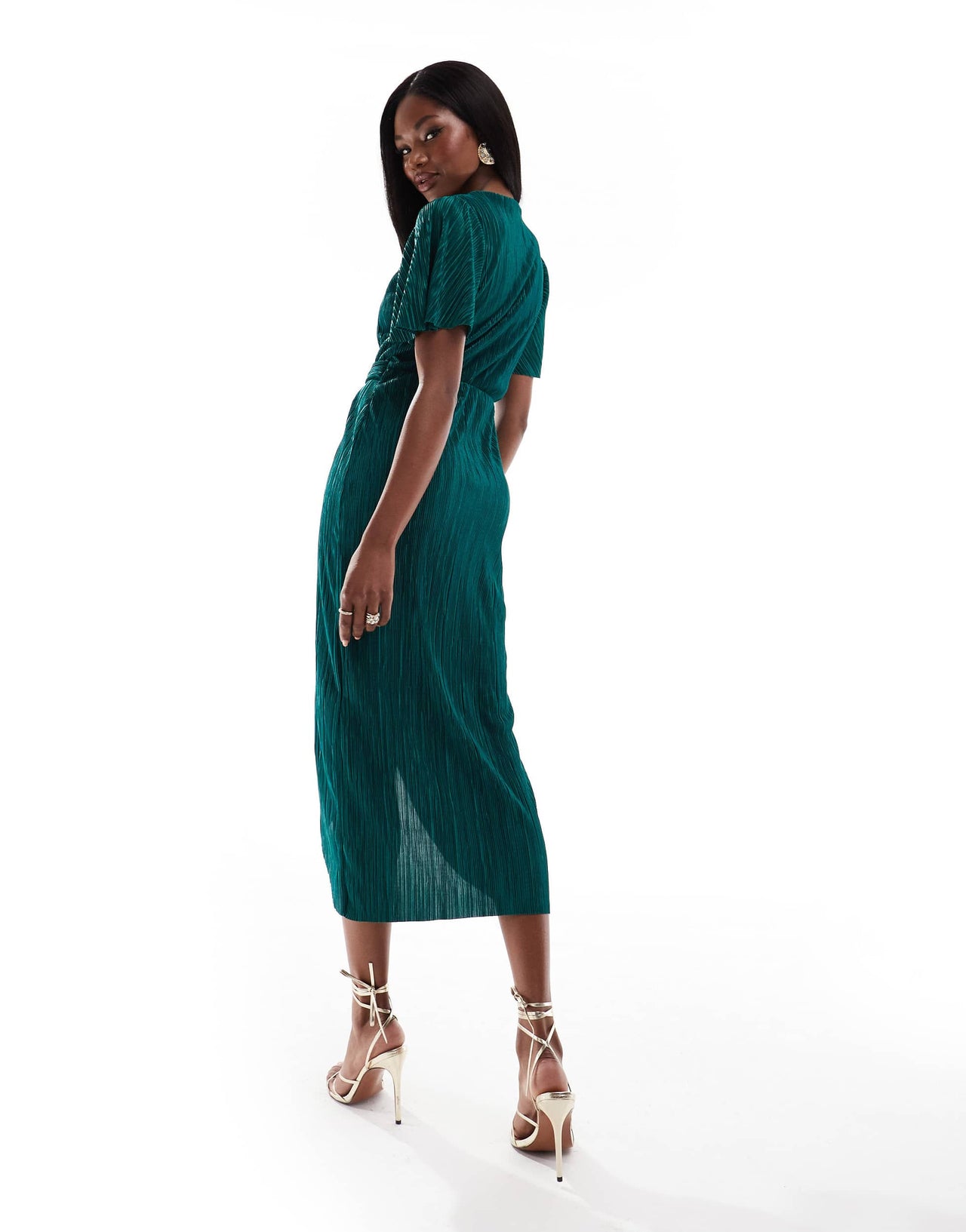 AX Paris plisse short sleeve wrap midi dress with ring detail in emerald green