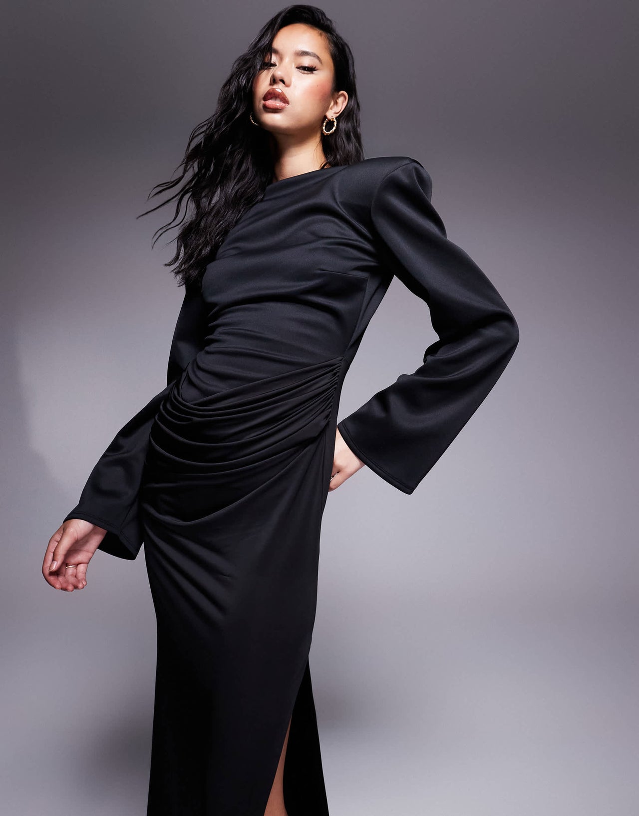 ASOS DESIGN Premium bold shoulder structured maxi dress with draped skirt in black