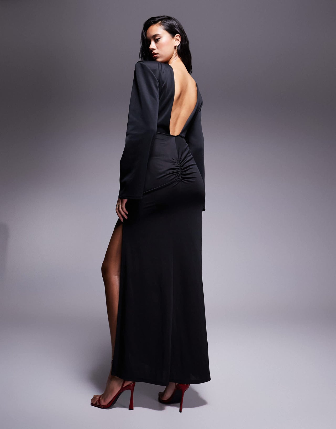 ASOS DESIGN Premium bold shoulder structured maxi dress with draped skirt in black