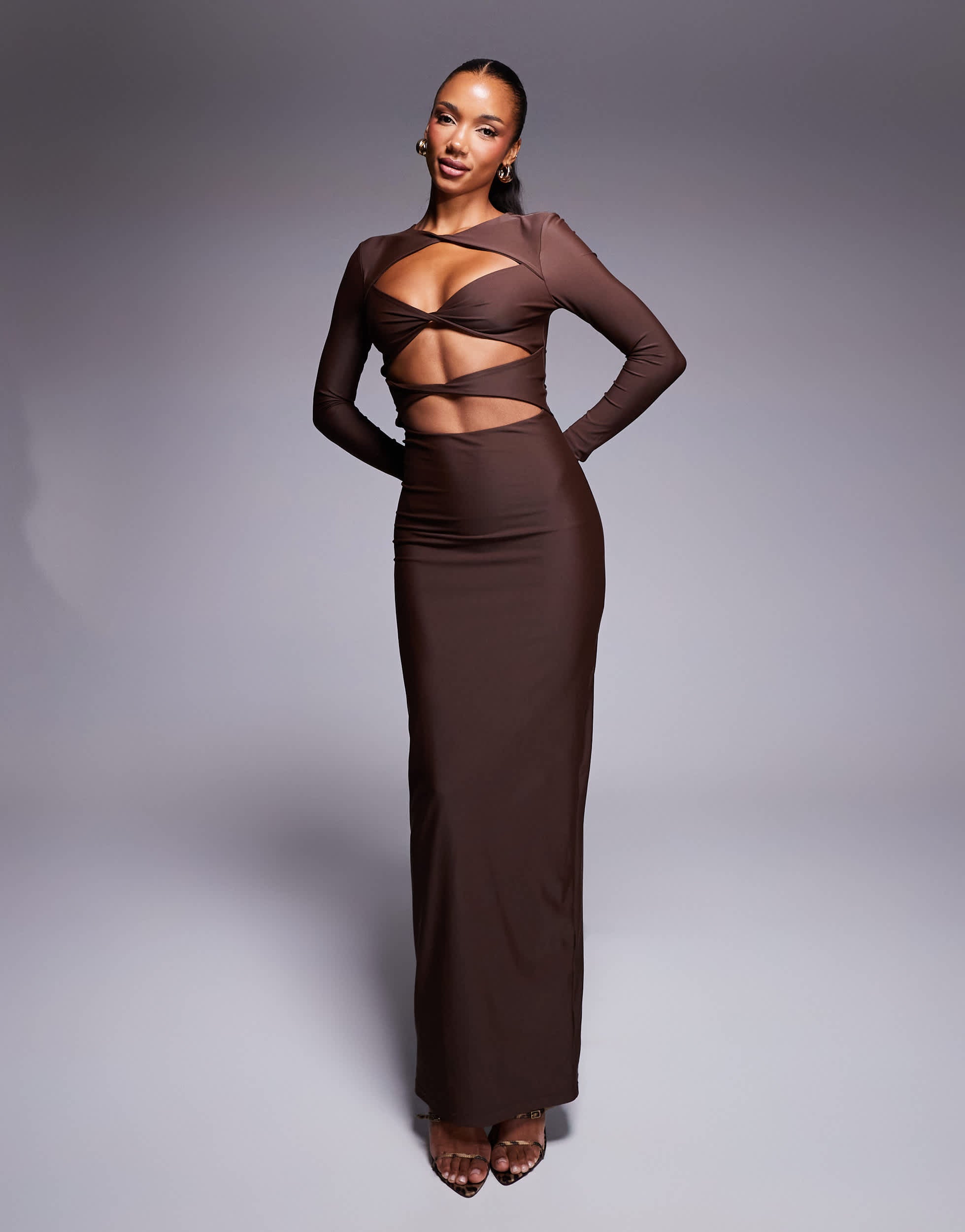 Wanderdoll Stassie exclusive cut out bodycon maxi dress in chocolate