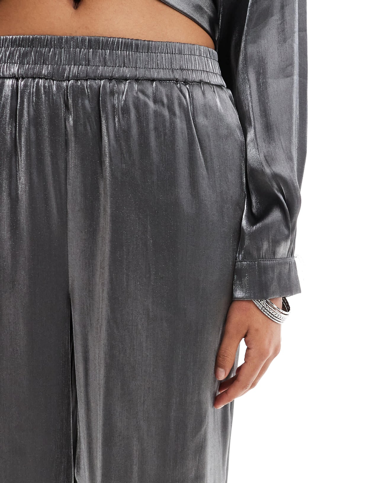 Pieces pull on trouser co-ord in metallic grey