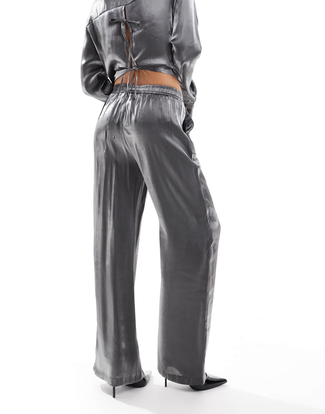 Pieces pull on trouser co-ord in metallic grey