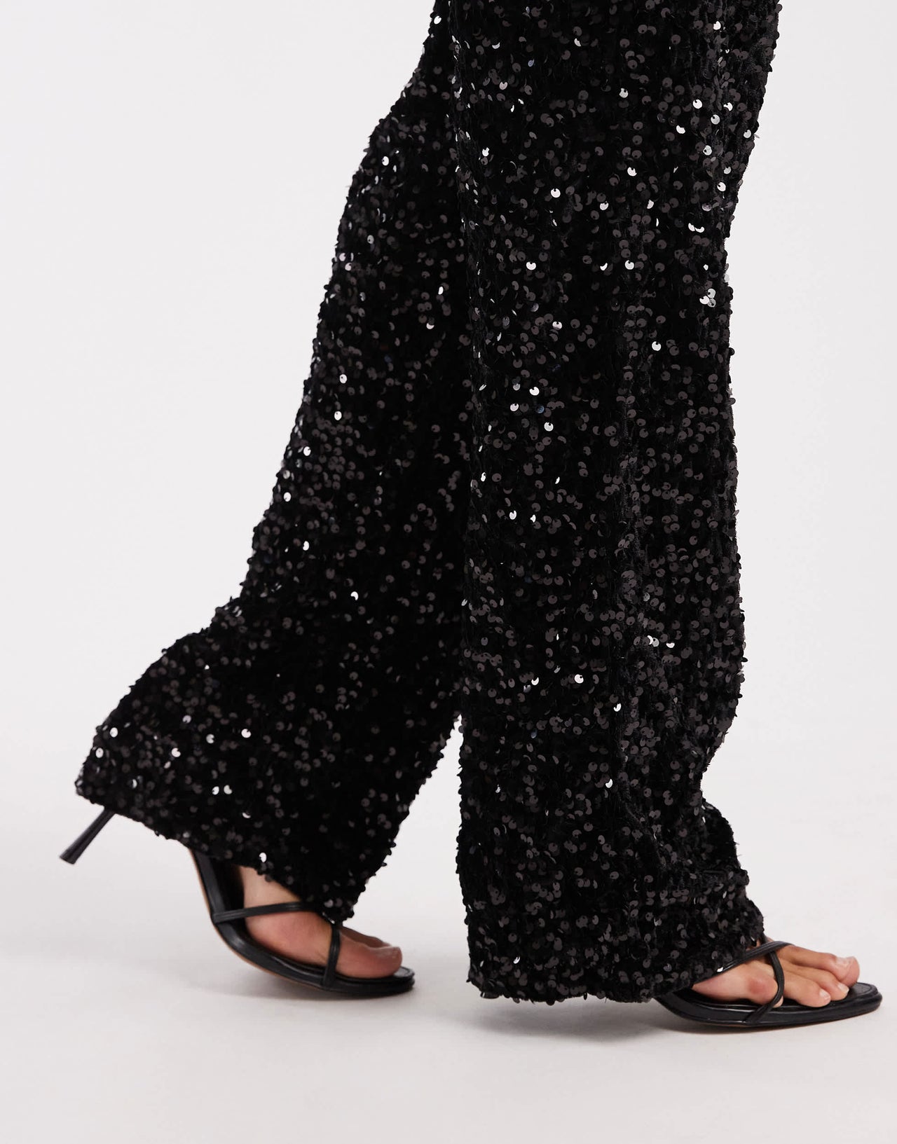 Pieces wide leg velour sequin trousers in black
