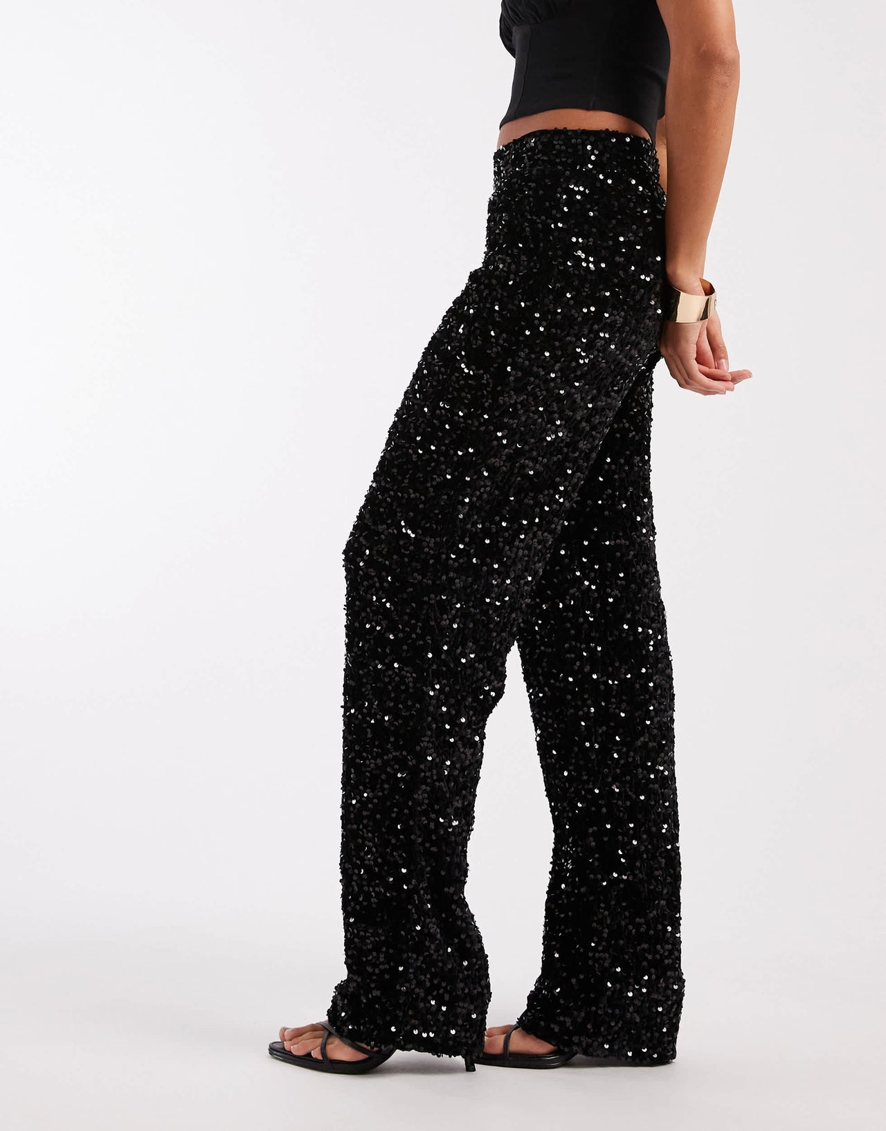 Pieces wide leg velour sequin trousers in black