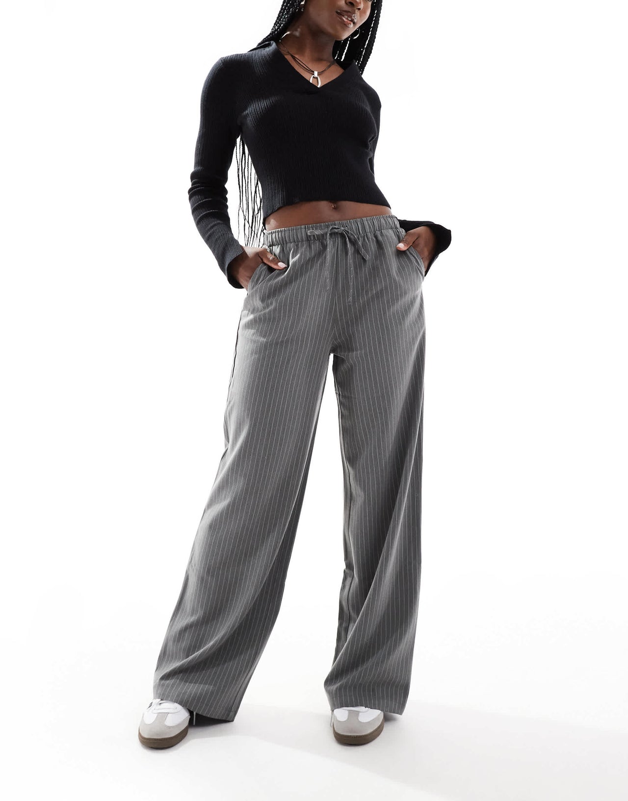 Stradivarius pull on trouser in grey pinstripe